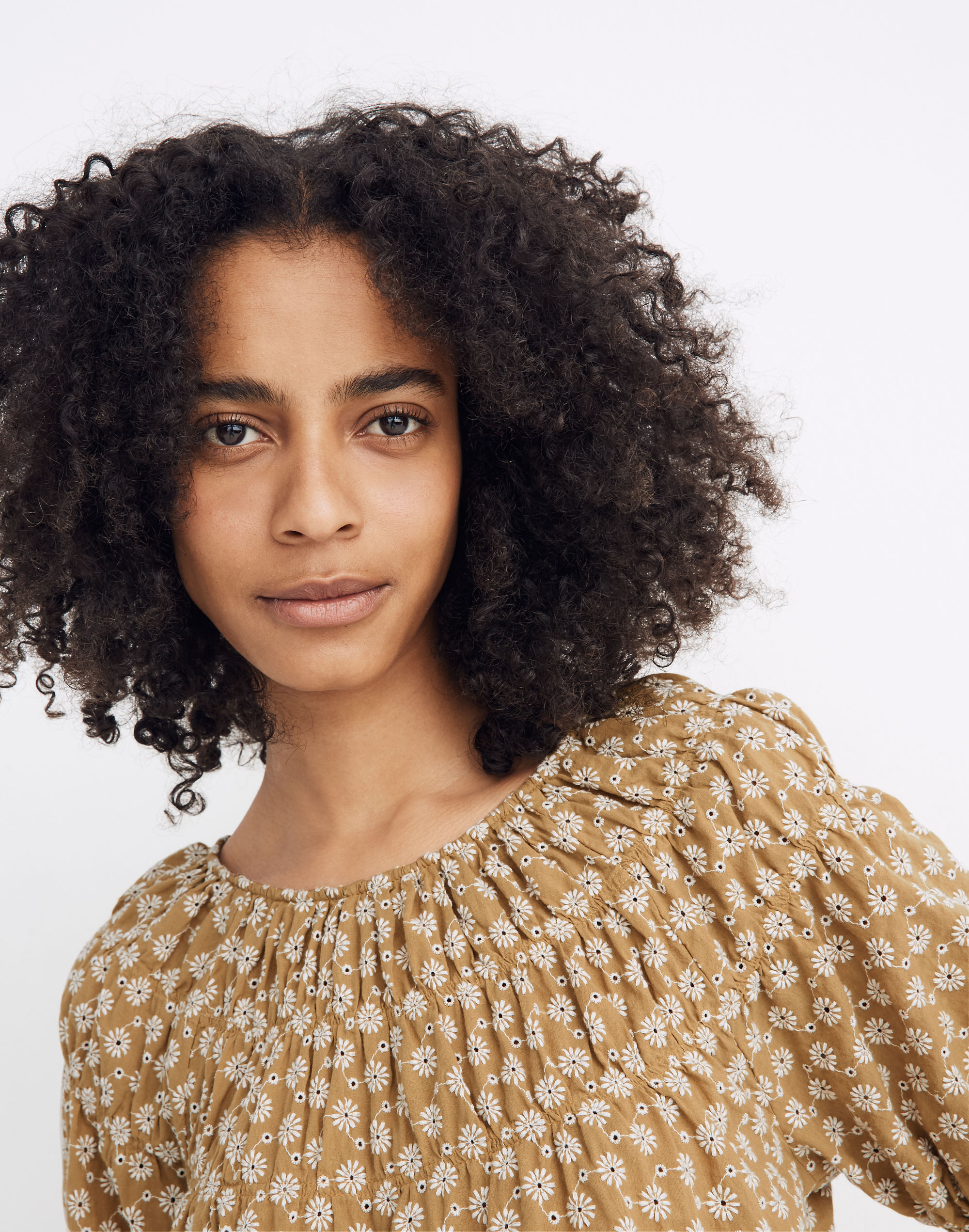 Daisy Embroidered Shirred Puff-Sleeve Top