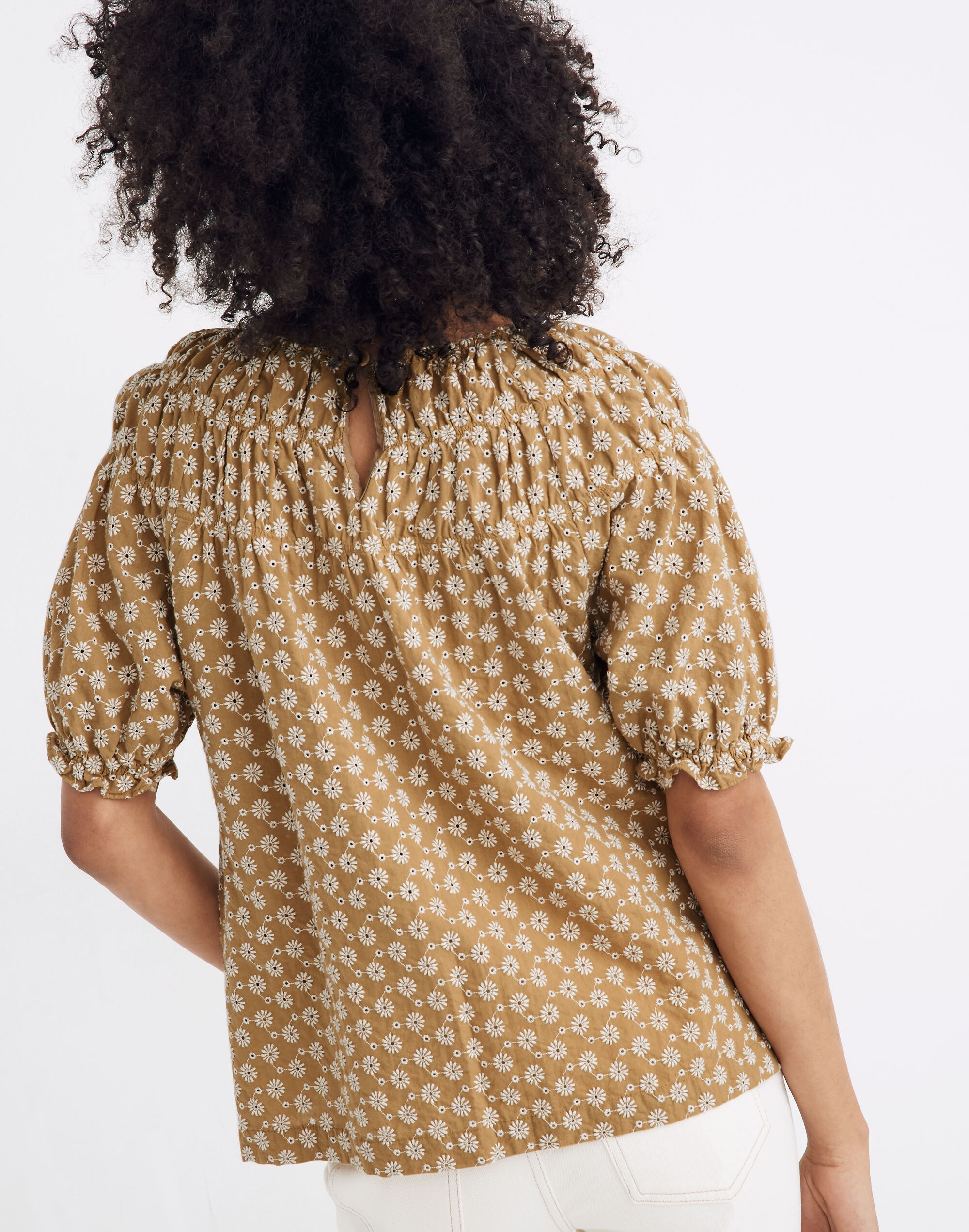 Daisy Embroidered Shirred Puff-Sleeve Top