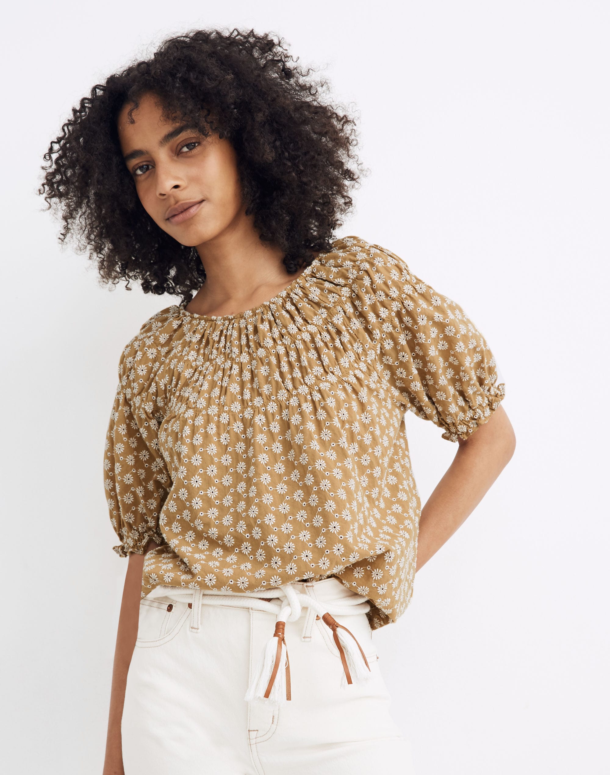 Daisy Embroidered Shirred Puff-Sleeve Top