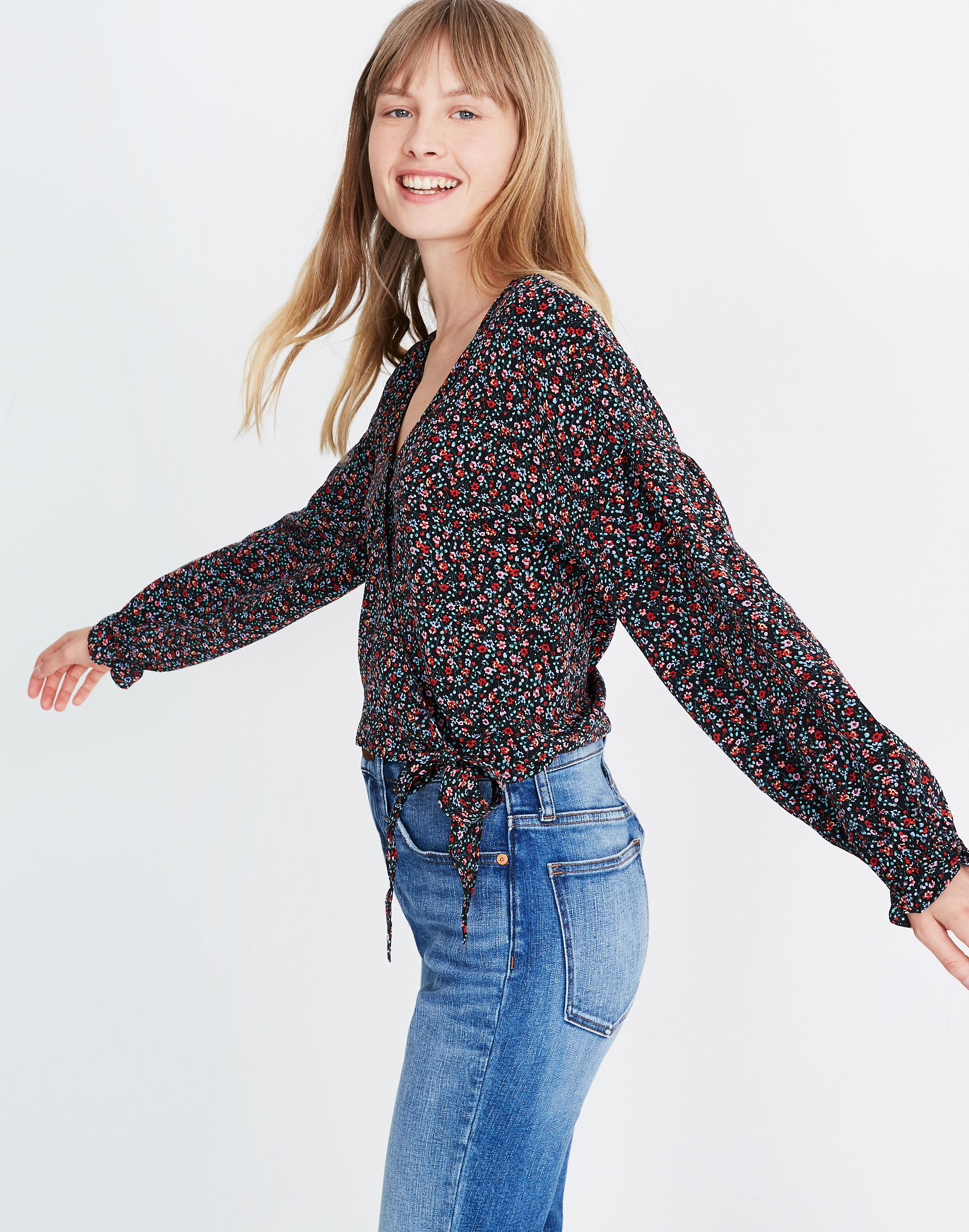 Silk Long-Sleeve Sash-Tie Wrap Top in Fieldwalk Floral