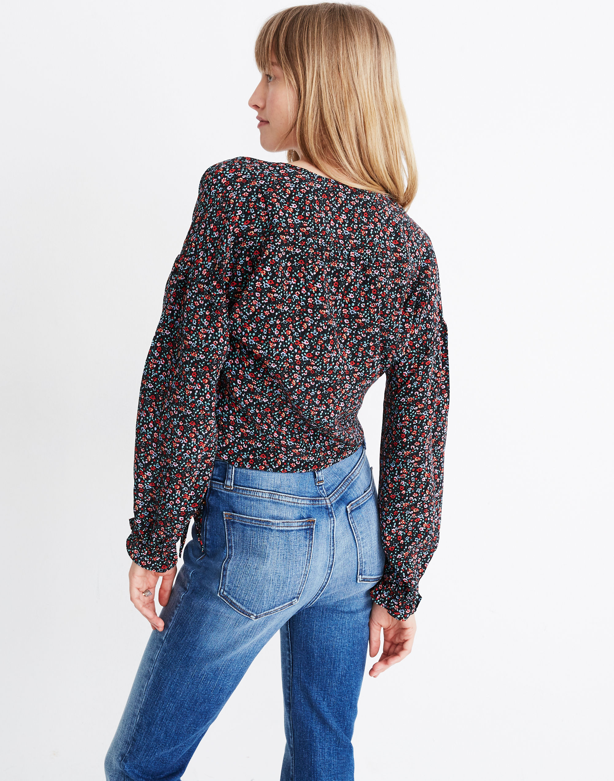 Silk Long-Sleeve Sash-Tie Wrap Top in Fieldwalk Floral