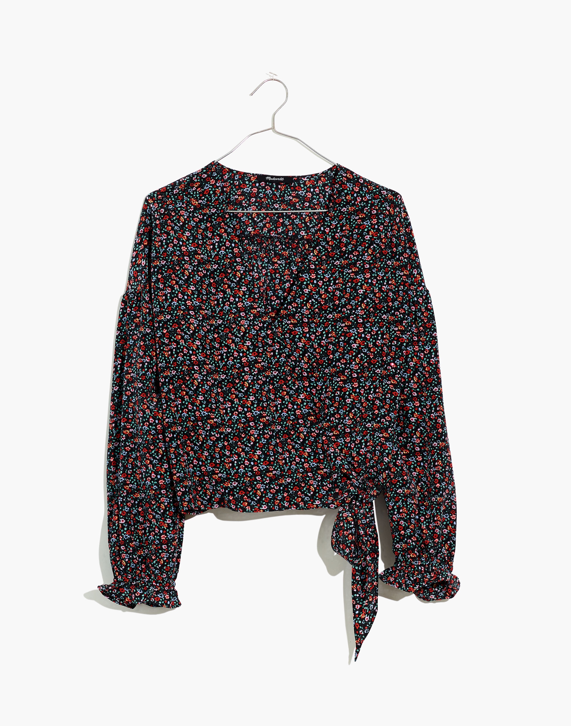 Silk Long-Sleeve Sash-Tie Wrap Top in Fieldwalk Floral