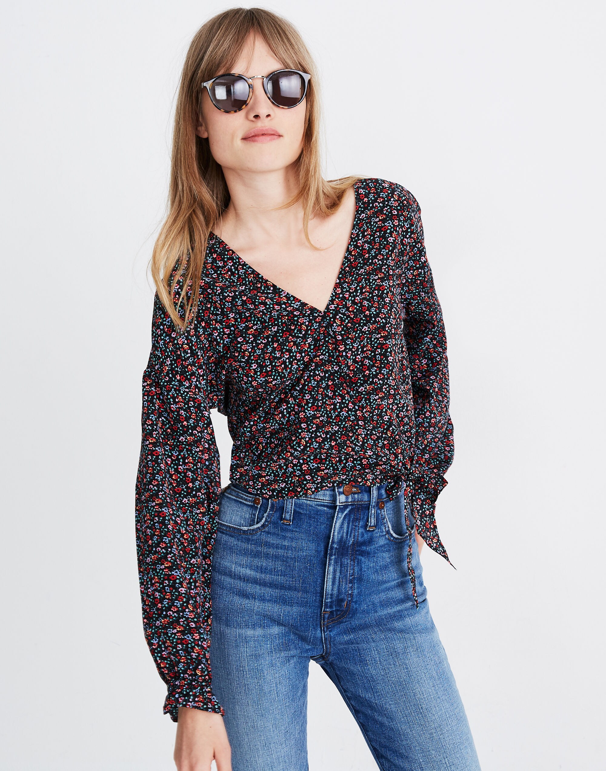 Silk Long-Sleeve Sash-Tie Wrap Top in Fieldwalk Floral