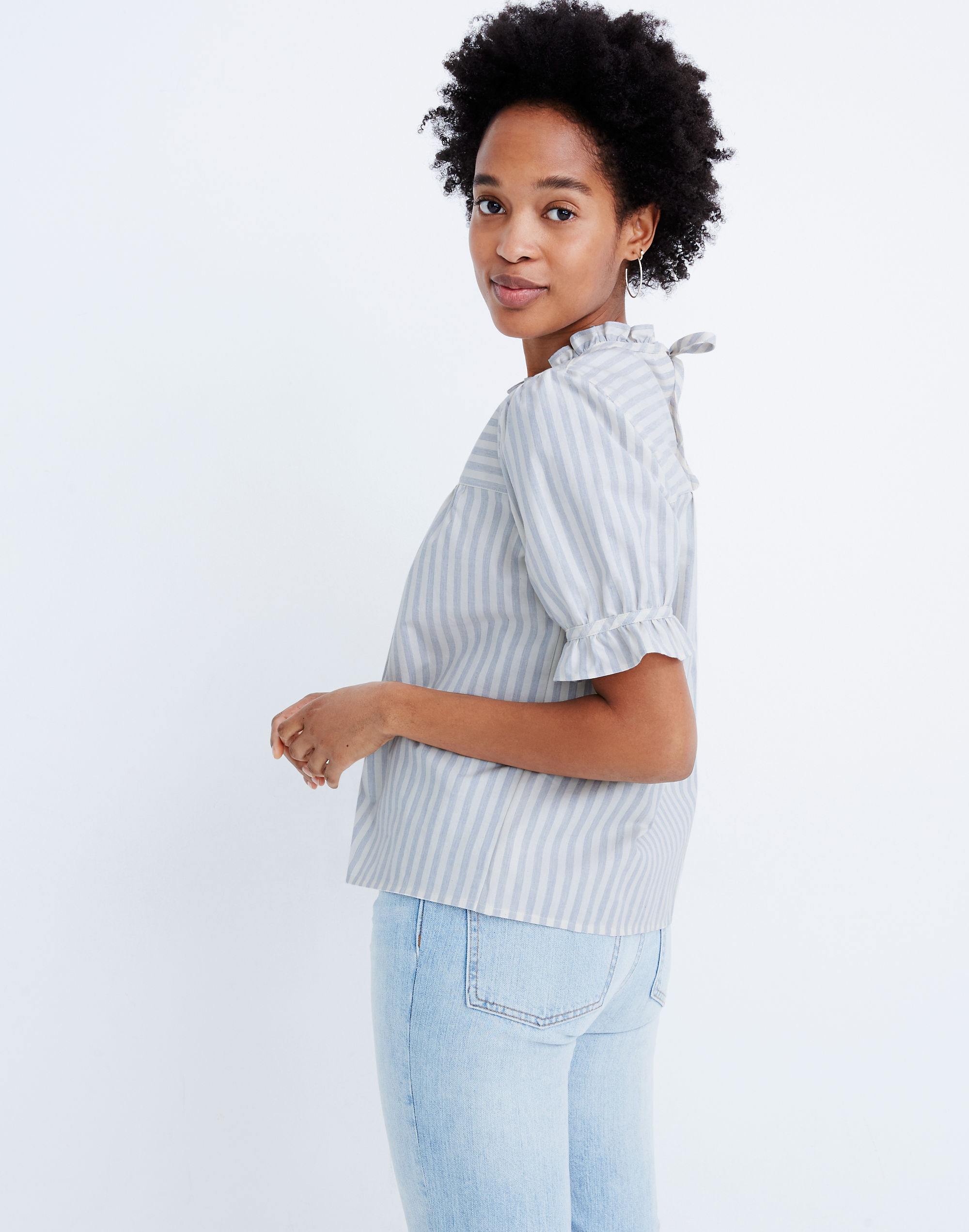 Ruffle-Neck Keyhole Top in Stripe