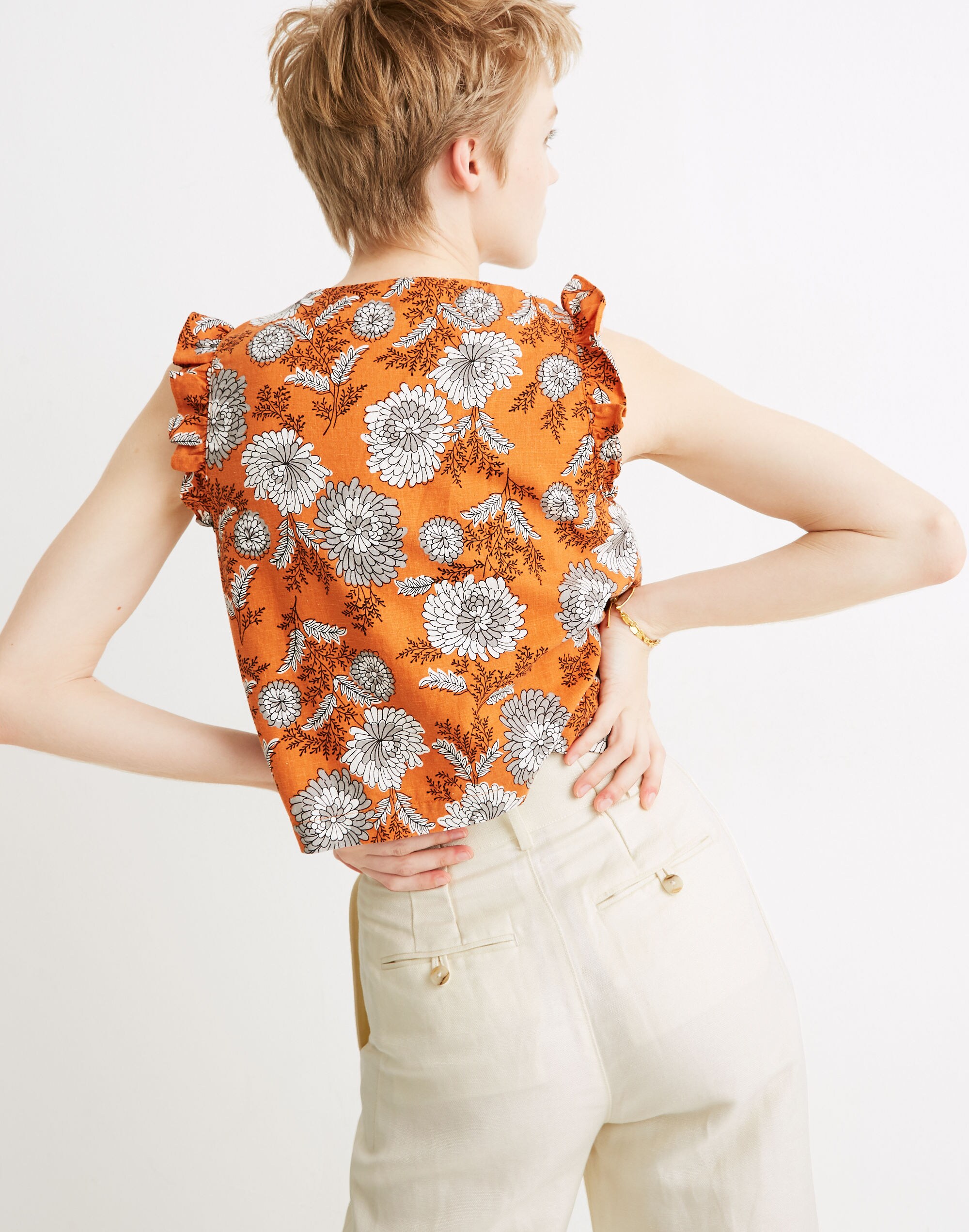Ruffle Button-Front Tank in Gathered Blooms