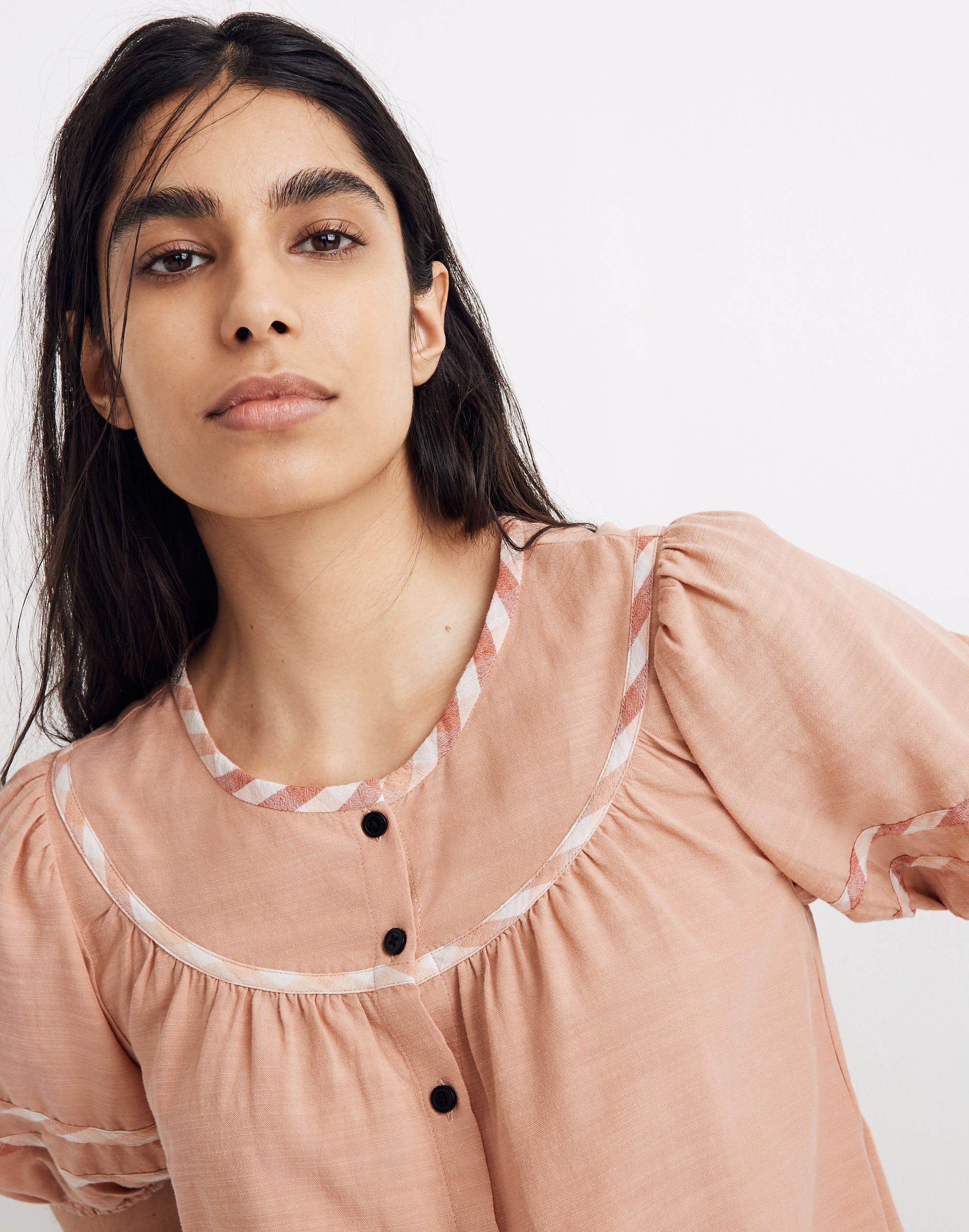 Gingham-Trim Curved-Yoke Top