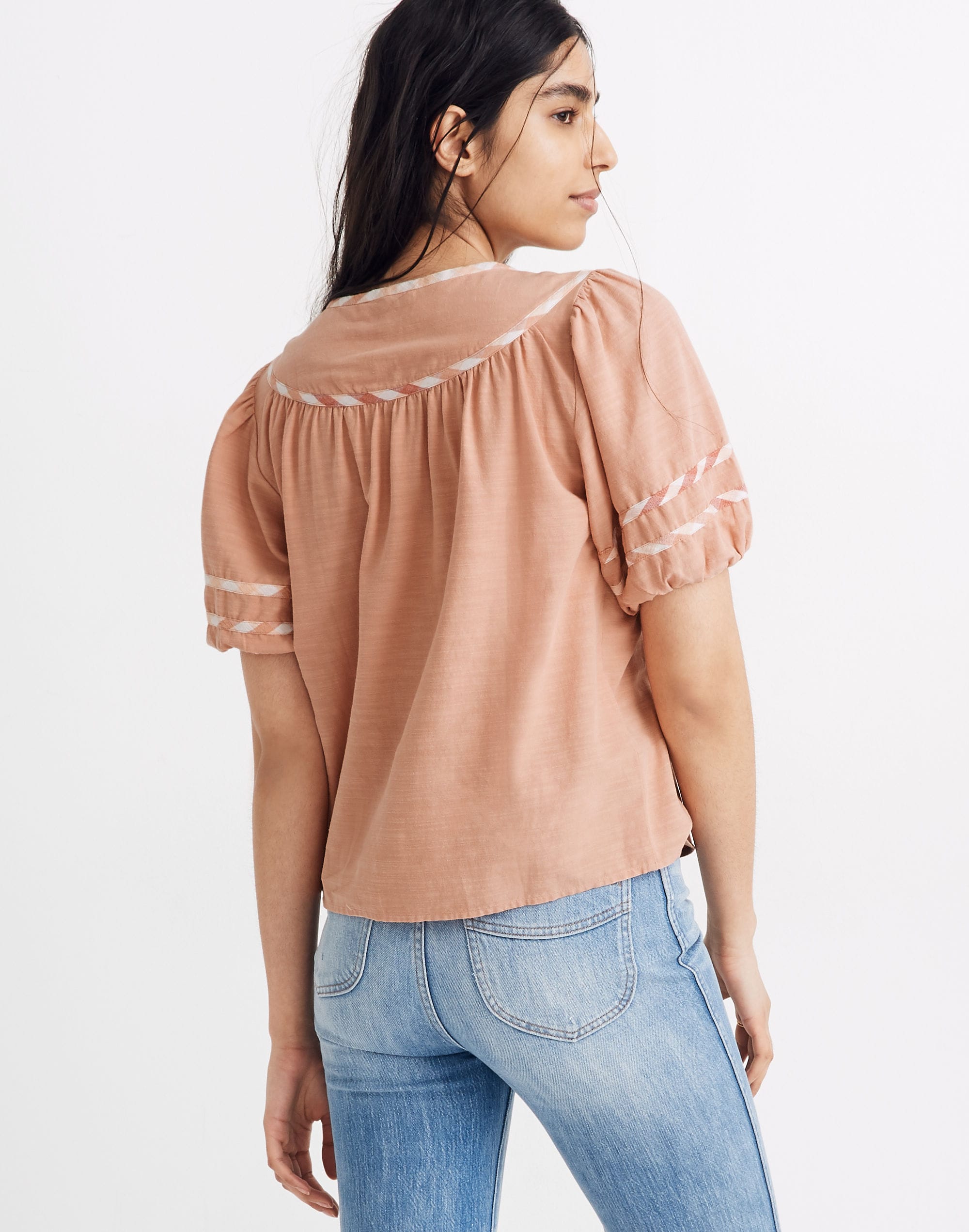 Gingham-Trim Curved-Yoke Top