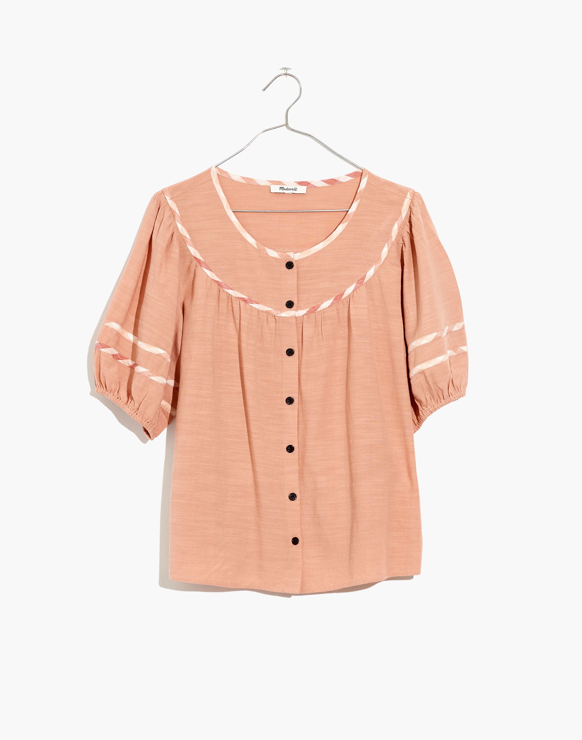 Gingham-Trim Curved-Yoke Top