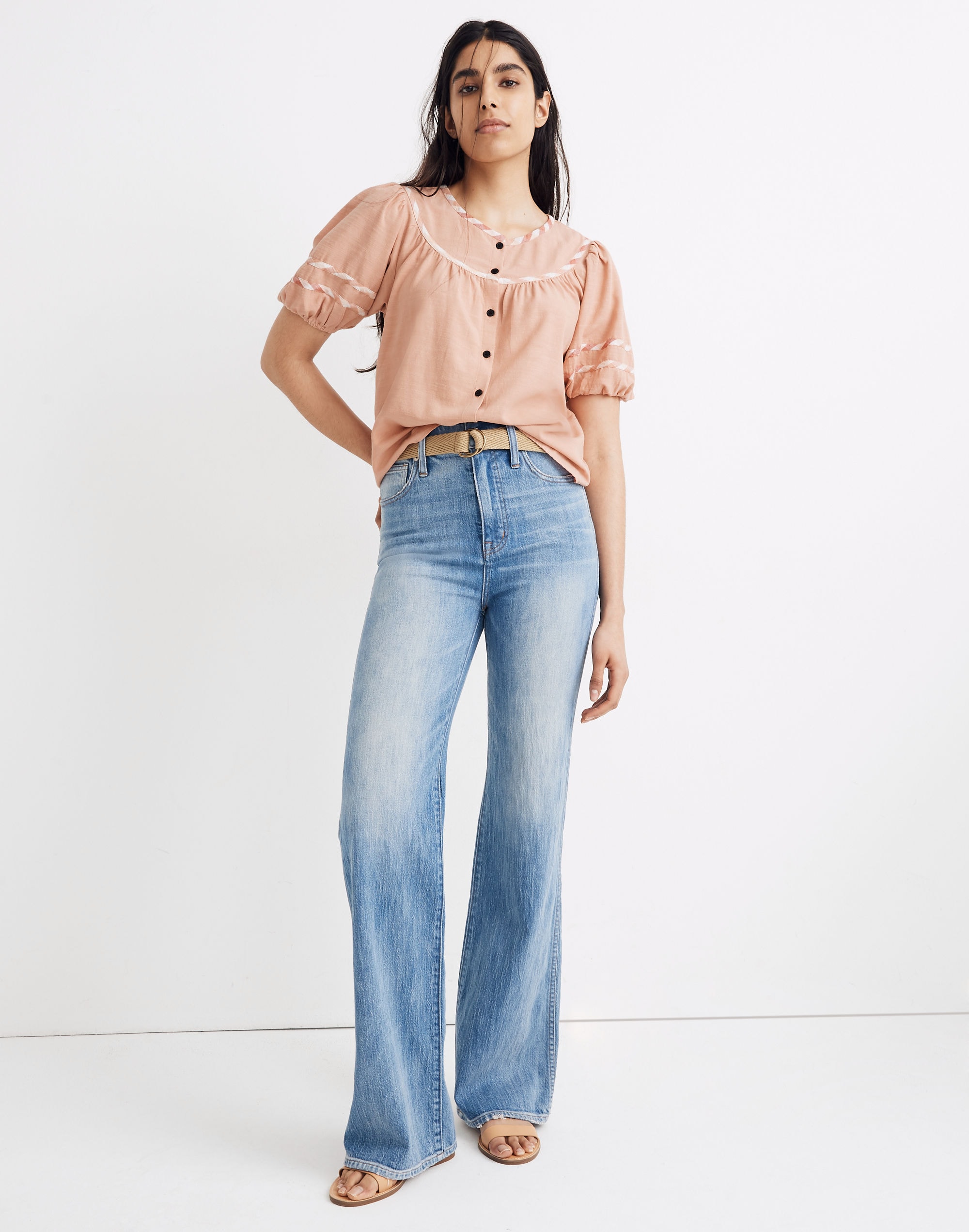 Gingham-Trim Curved-Yoke Top