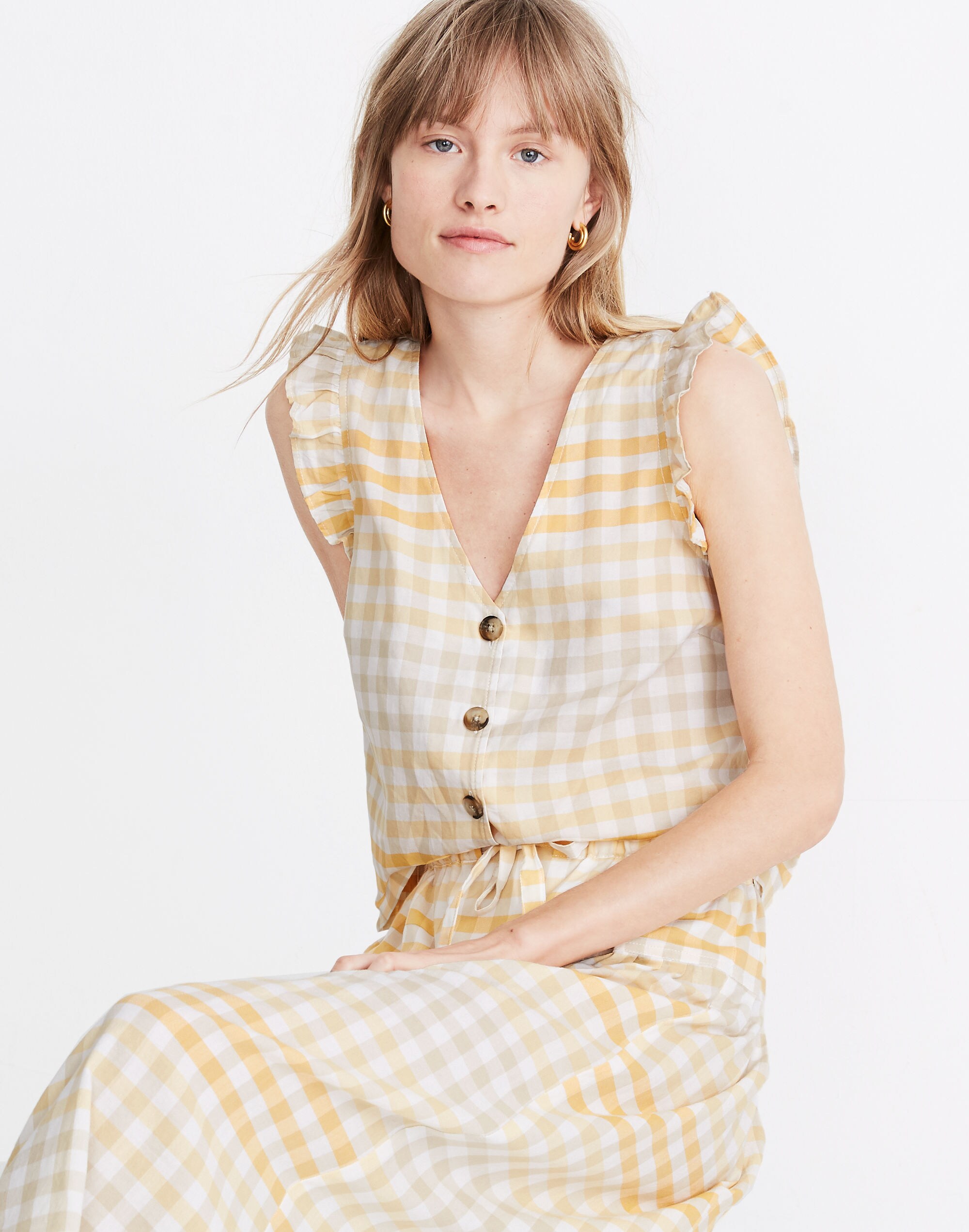 Ruffle Button-Front Tank in Ombr&eacute; Gingham