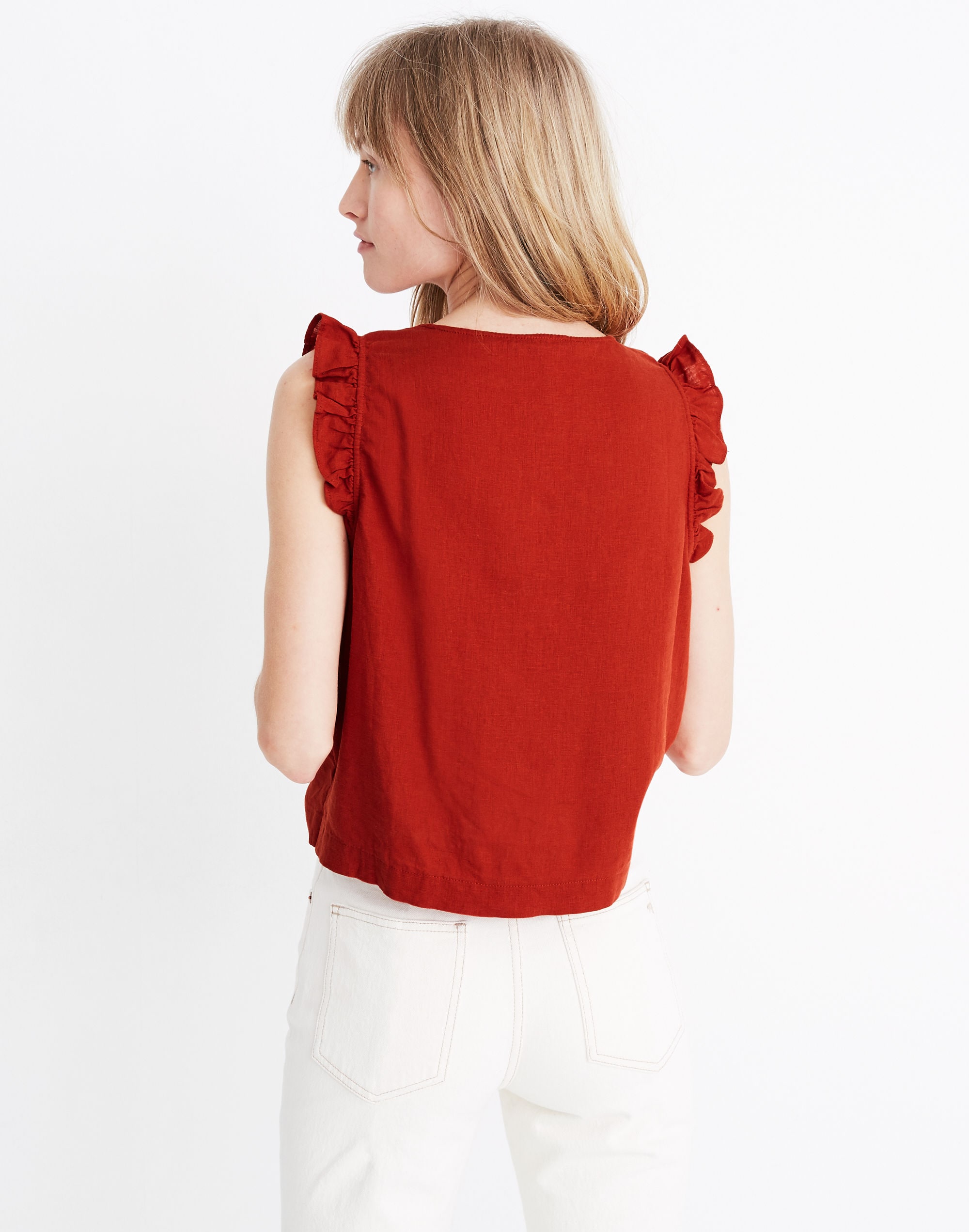 Linen-Blend Ruffle Button-Front Tank
