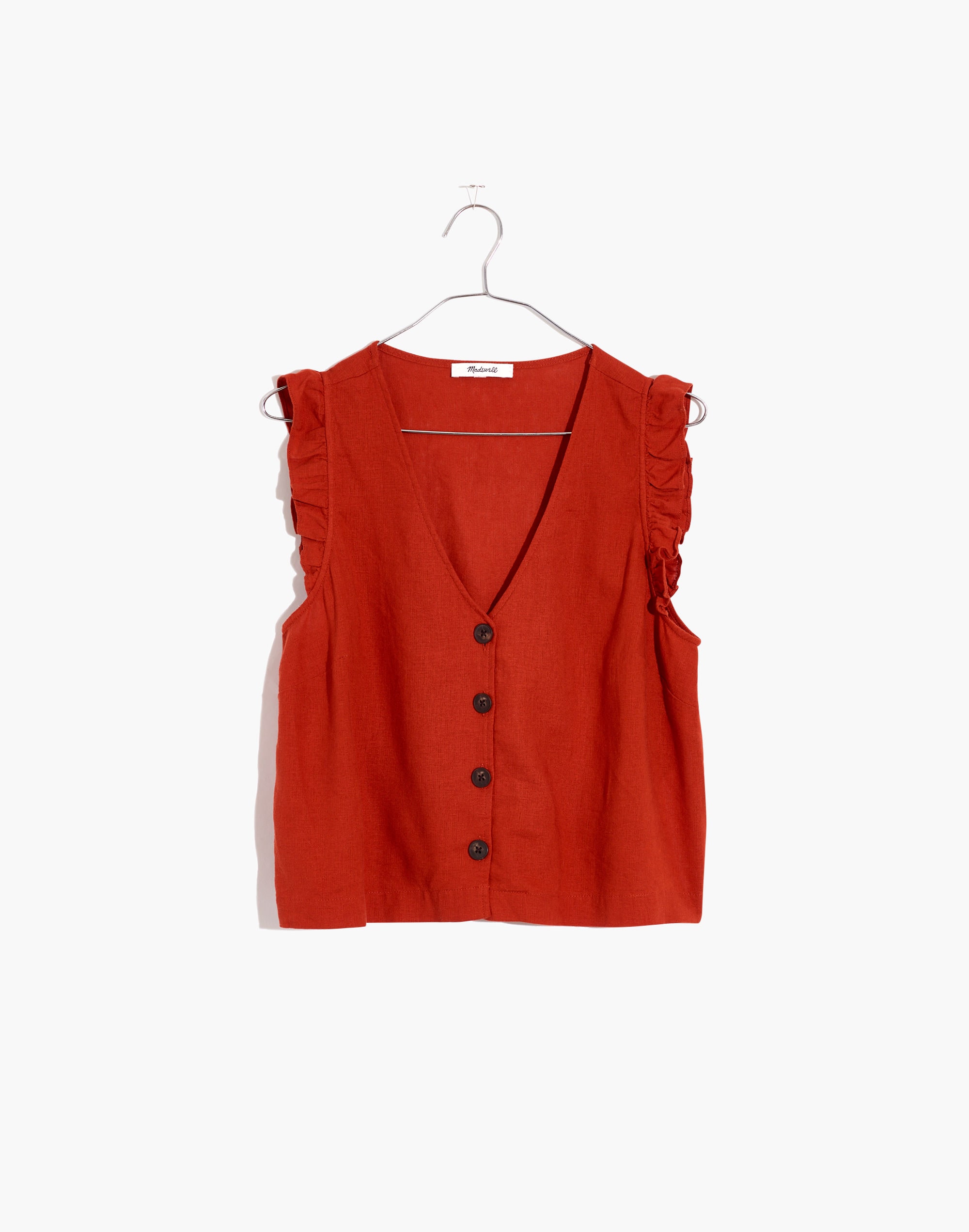 Linen-Blend Ruffle Button-Front Tank