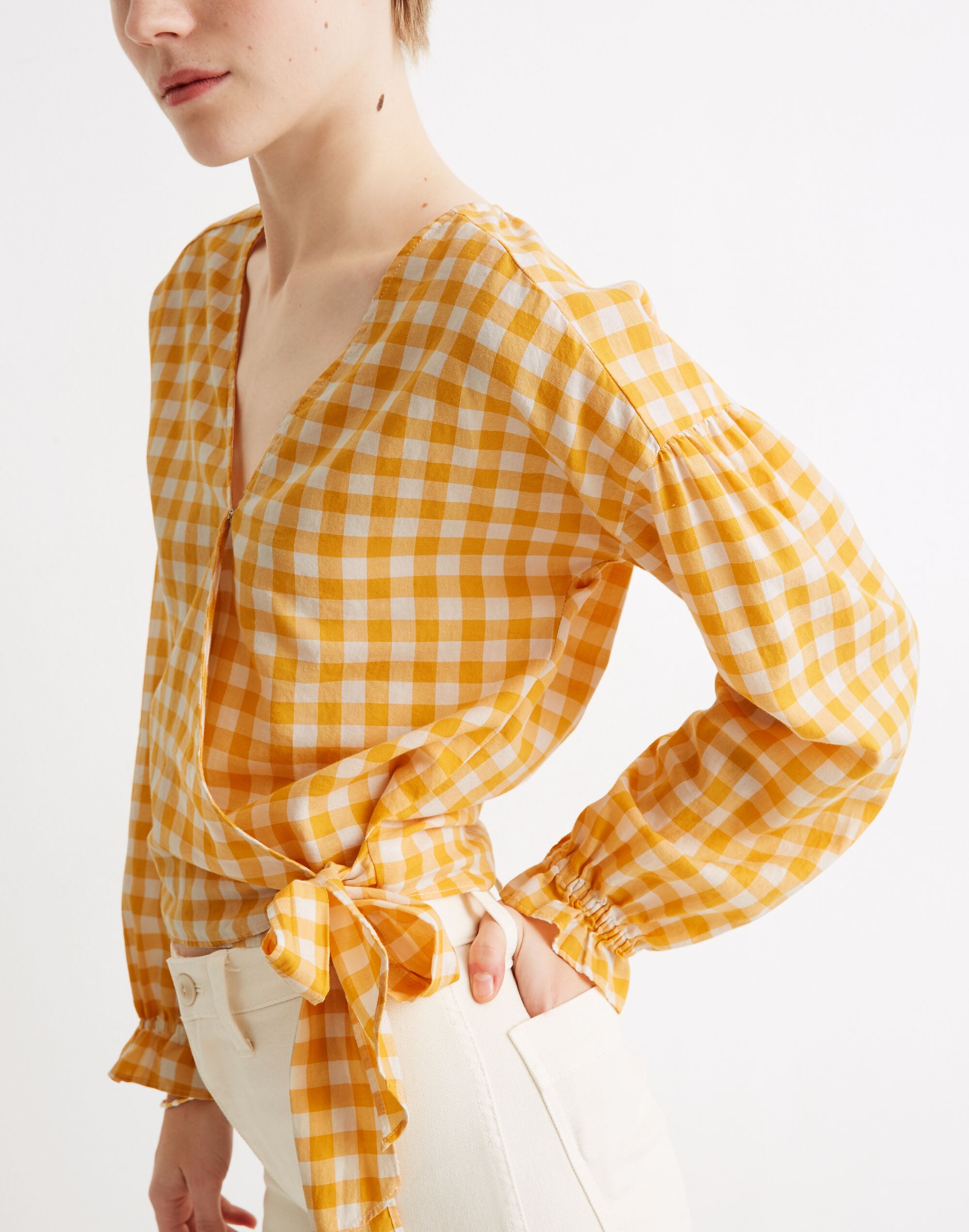Long-Sleeve Sash-Tie Wrap Top in Gingham Check