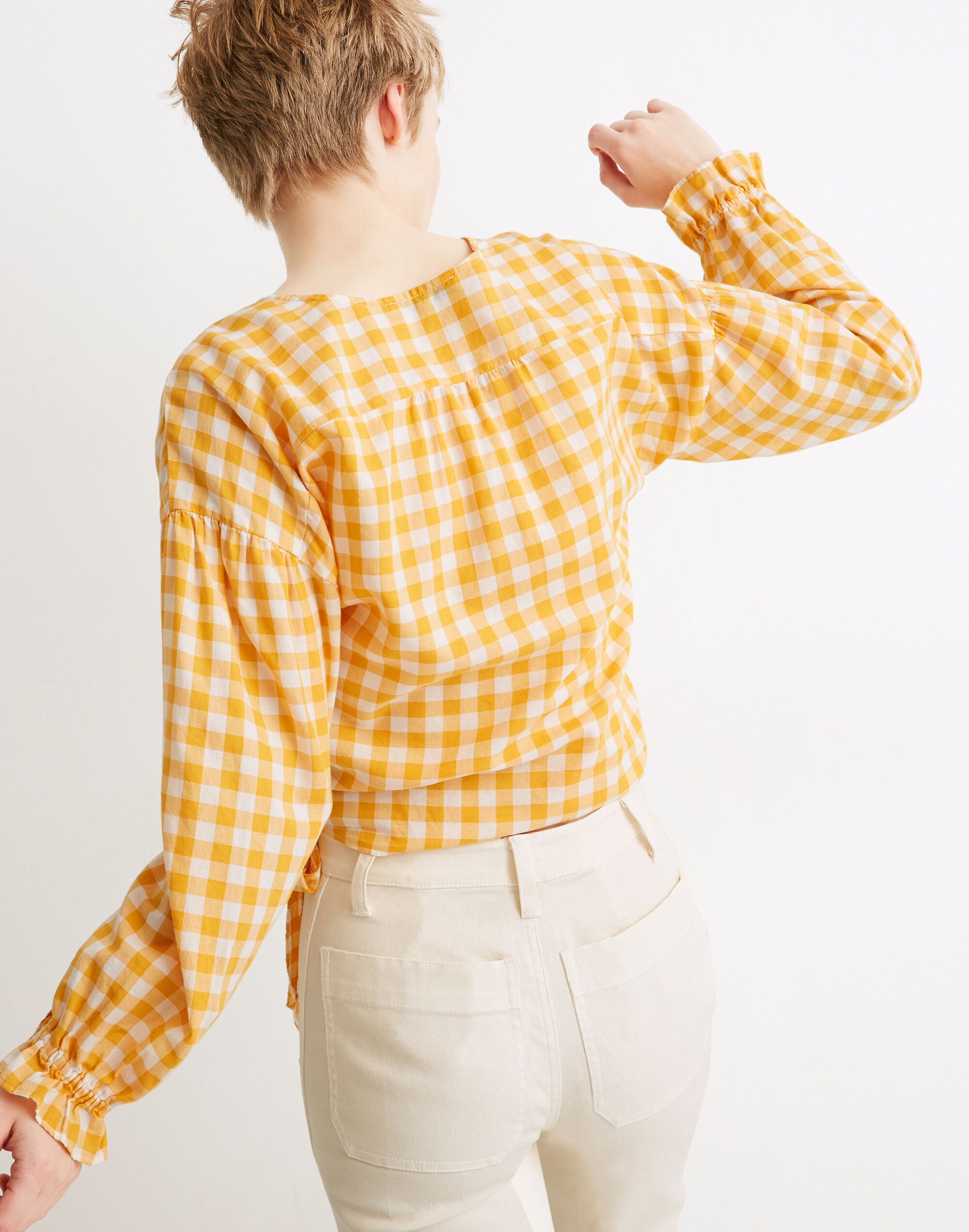 Long-Sleeve Sash-Tie Wrap Top in Gingham Check