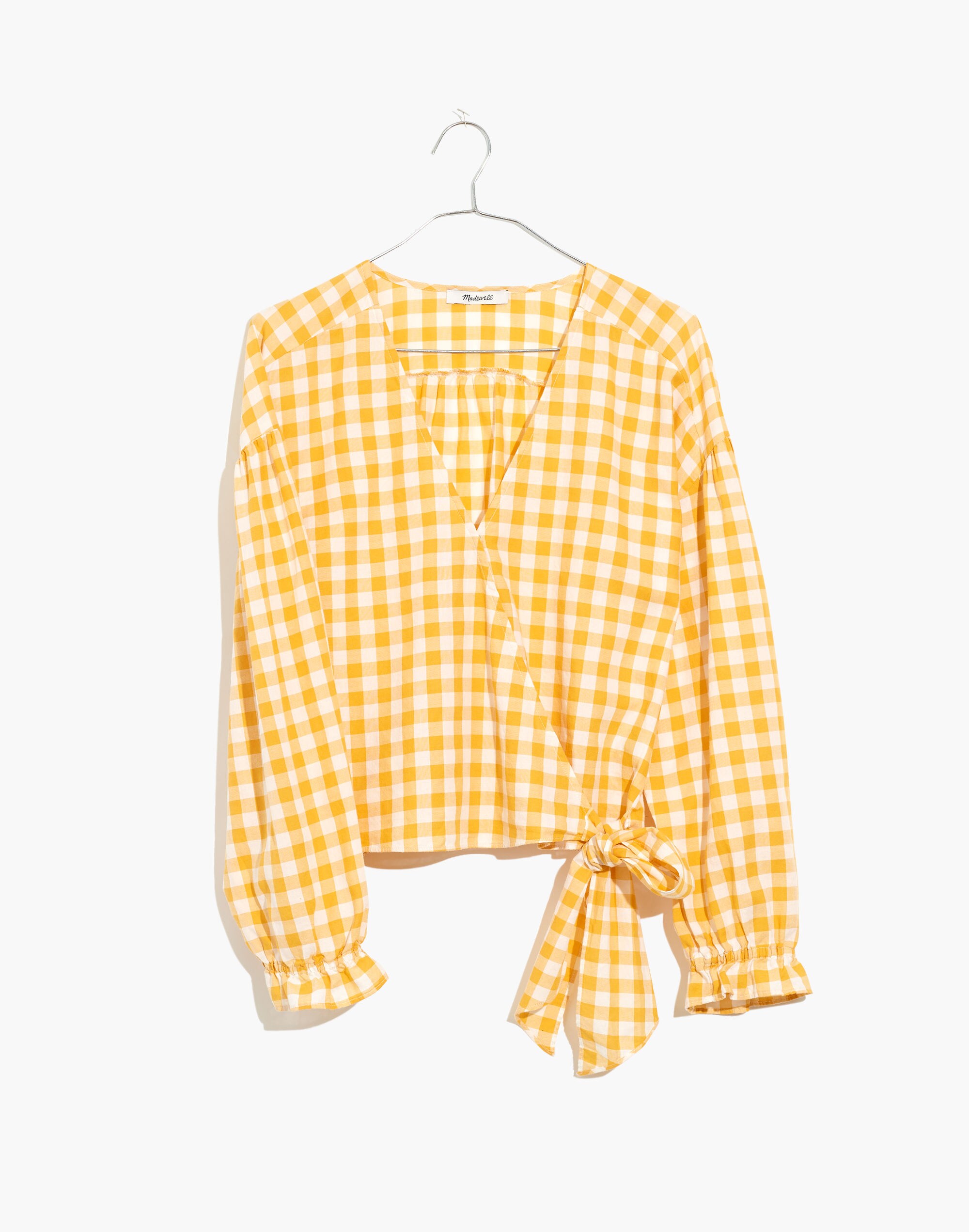Long-Sleeve Sash-Tie Wrap Top in Gingham Check