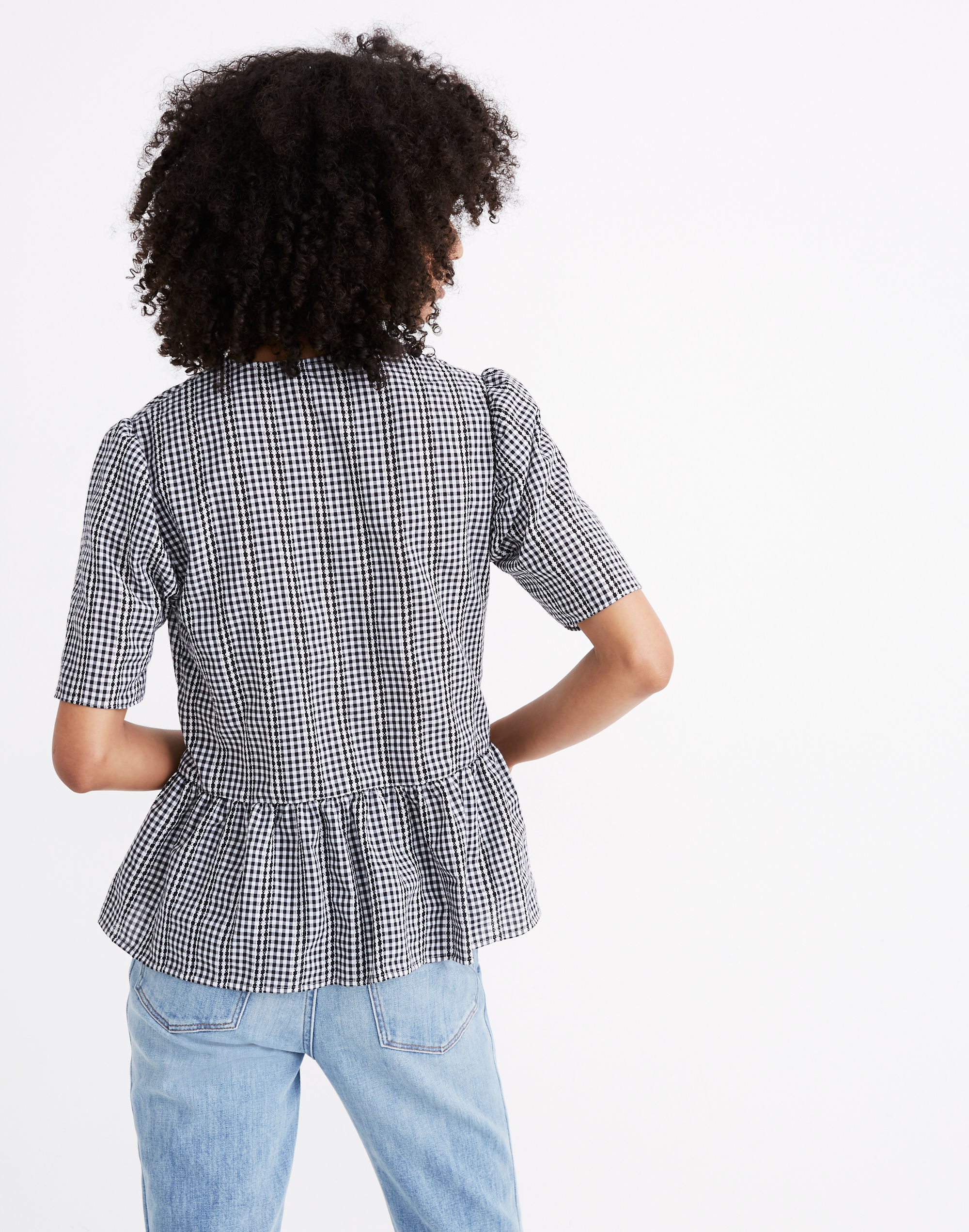 Crossover Peplum Top in Textured Gingham Check
