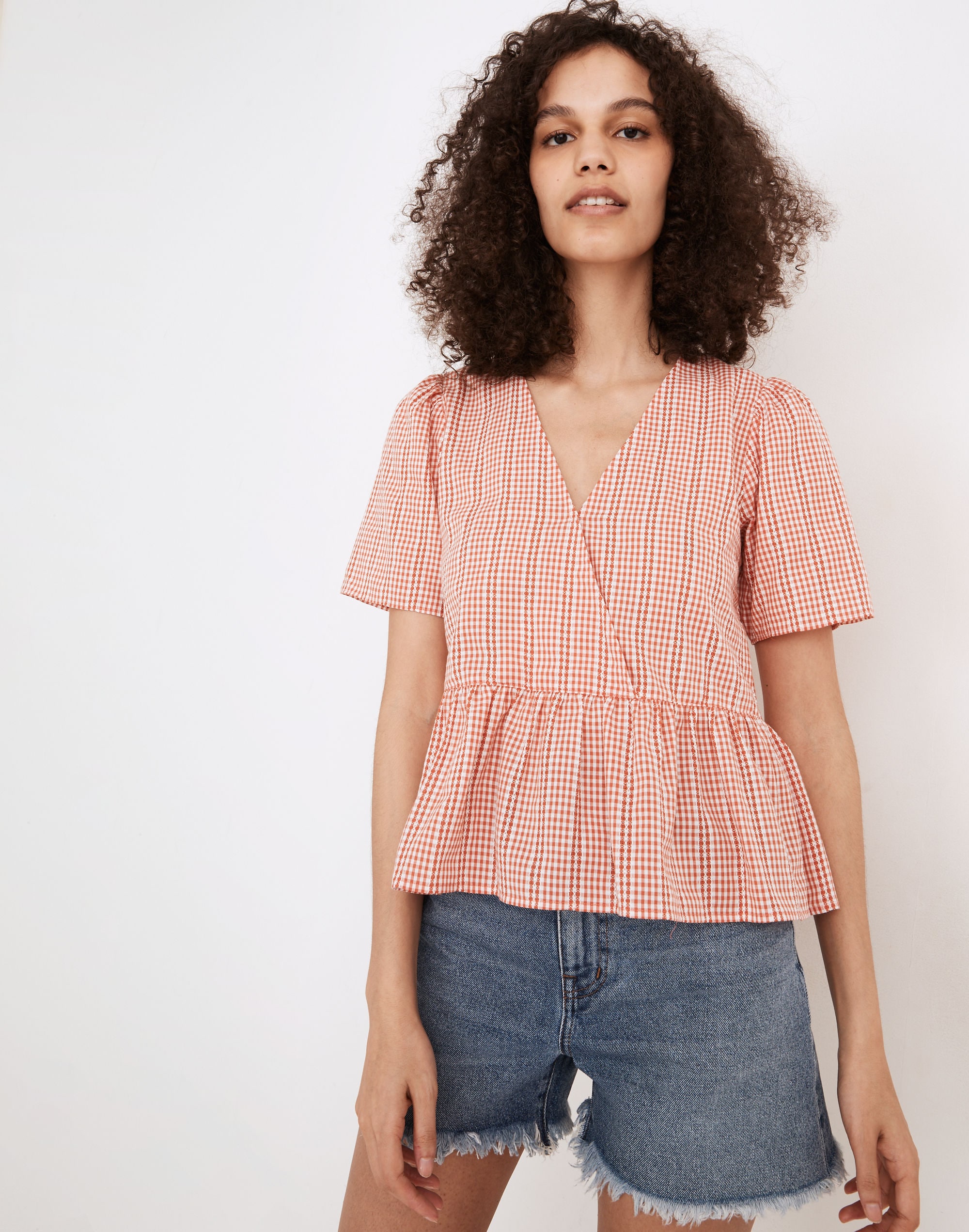 Crossover Peplum Top in Textured Gingham Check