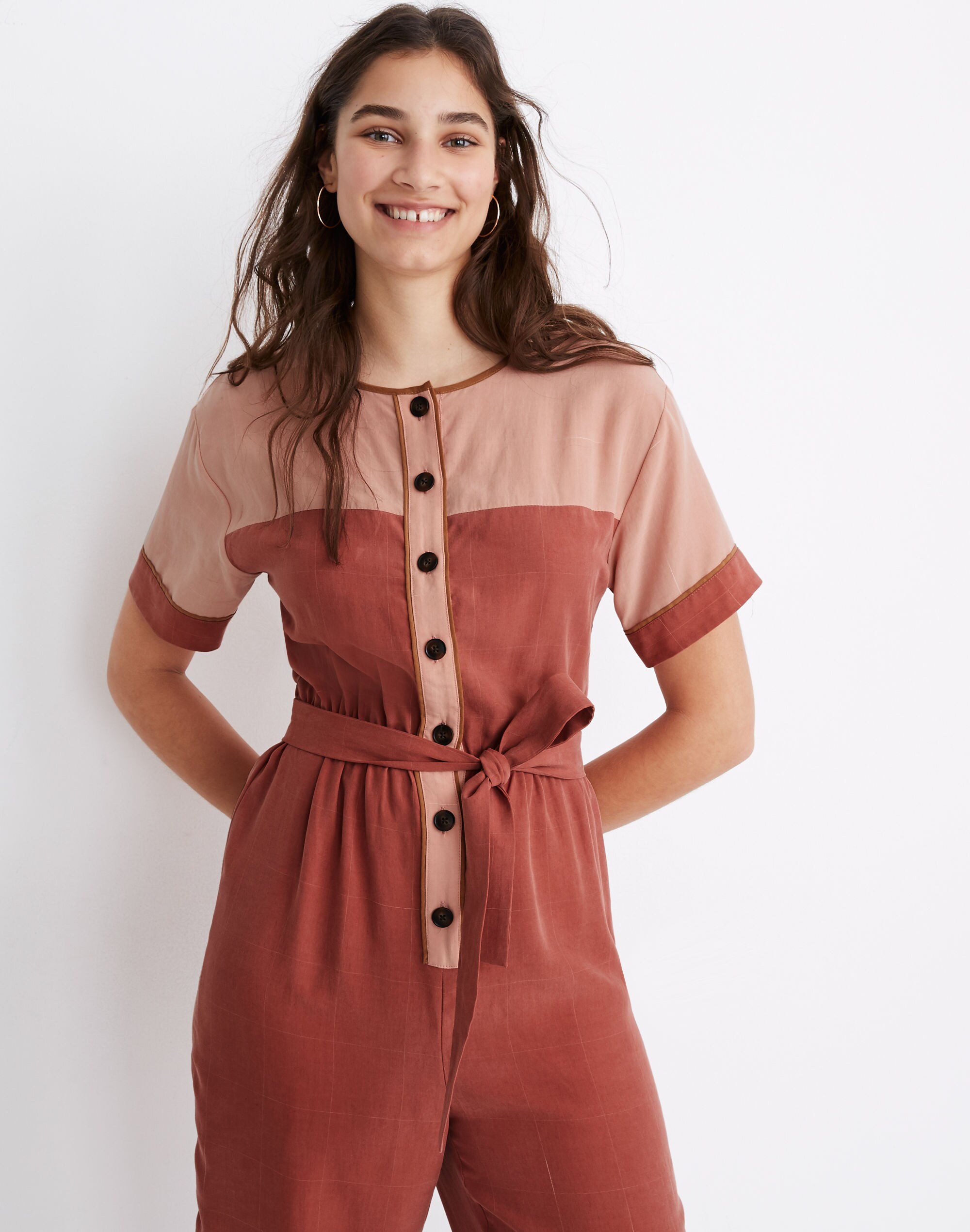 Colorblock Short-Sleeve Belted Jumpsuit
