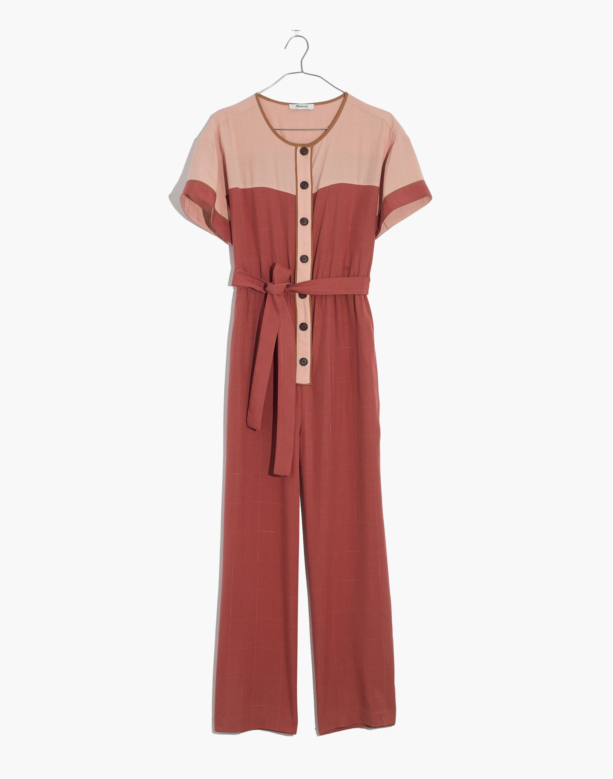 Colorblock Short-Sleeve Belted Jumpsuit