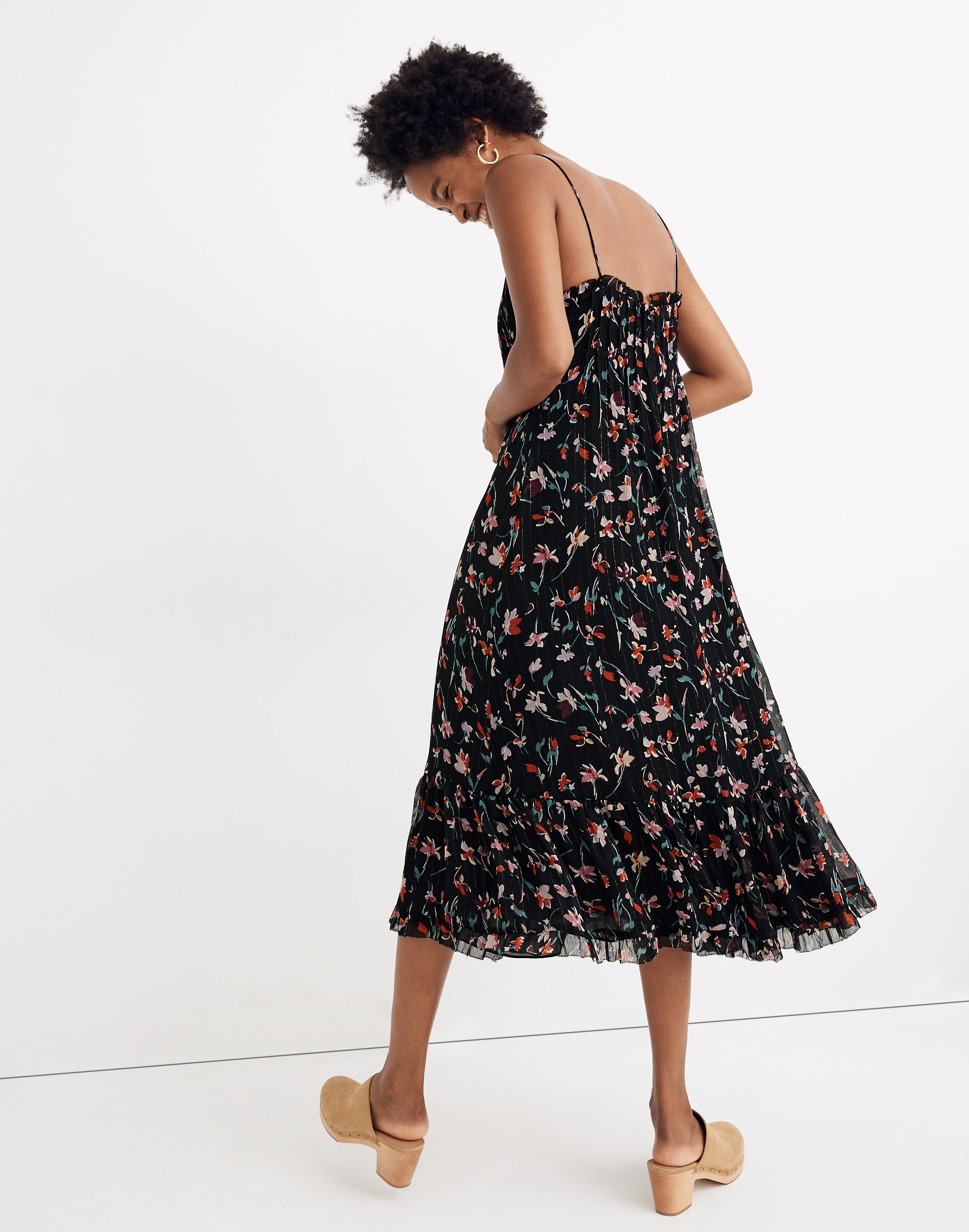 Pintuck Cami Ruffle-Hem Maxi Dress in Metallic Drifting Flowers