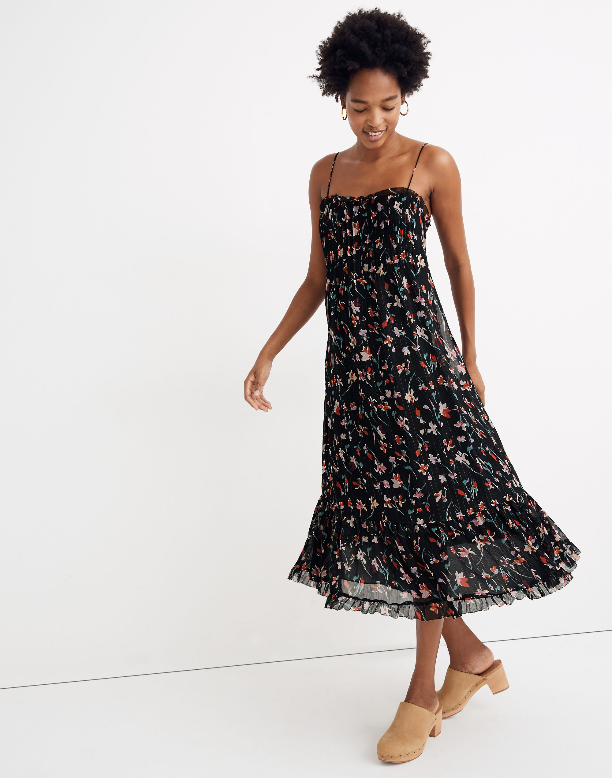Pintuck Cami Ruffle-Hem Maxi Dress in Metallic Drifting Flowers
