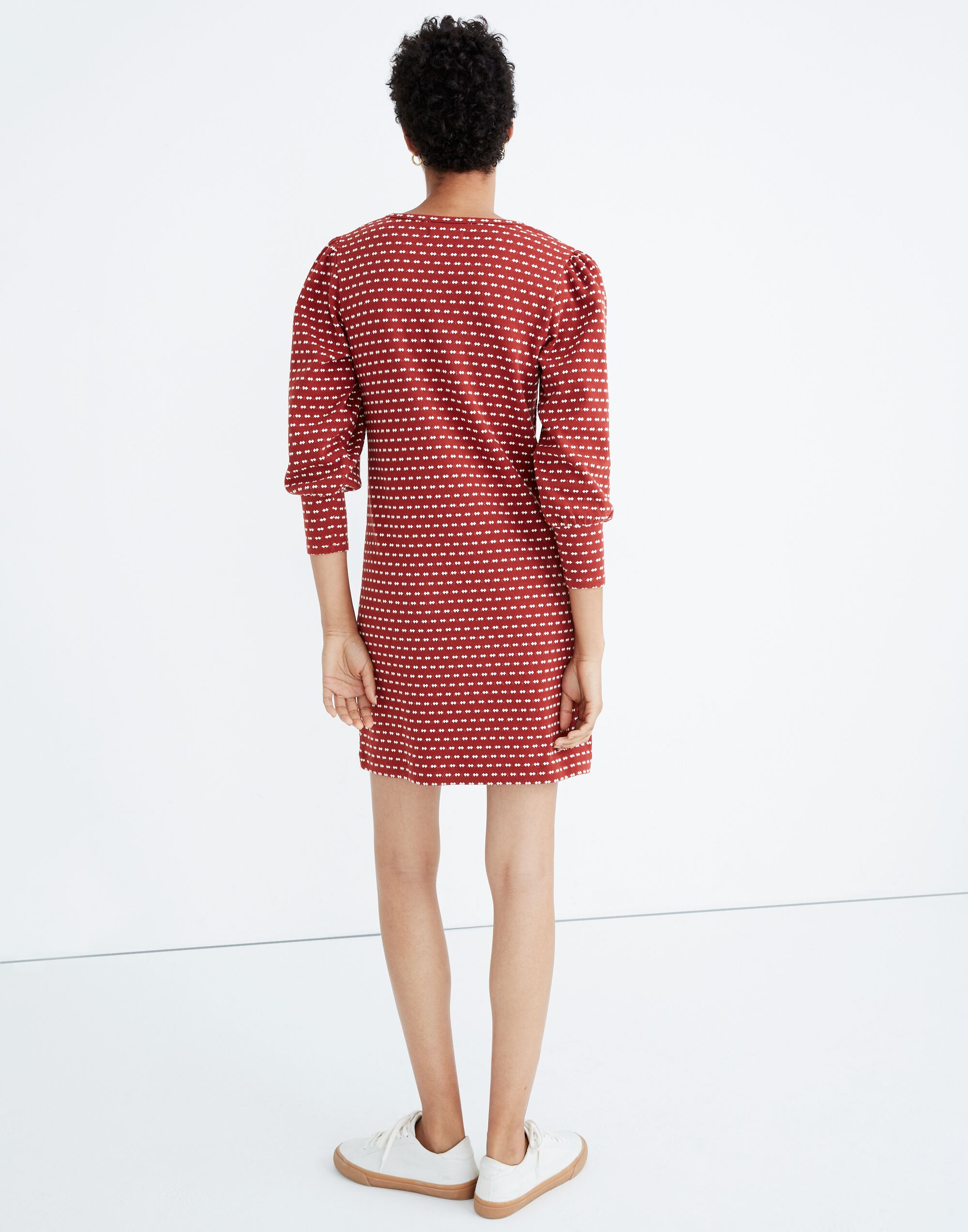 Square-Neck Long-Sleeve Mini Dress in Bow-Tie Jacquard