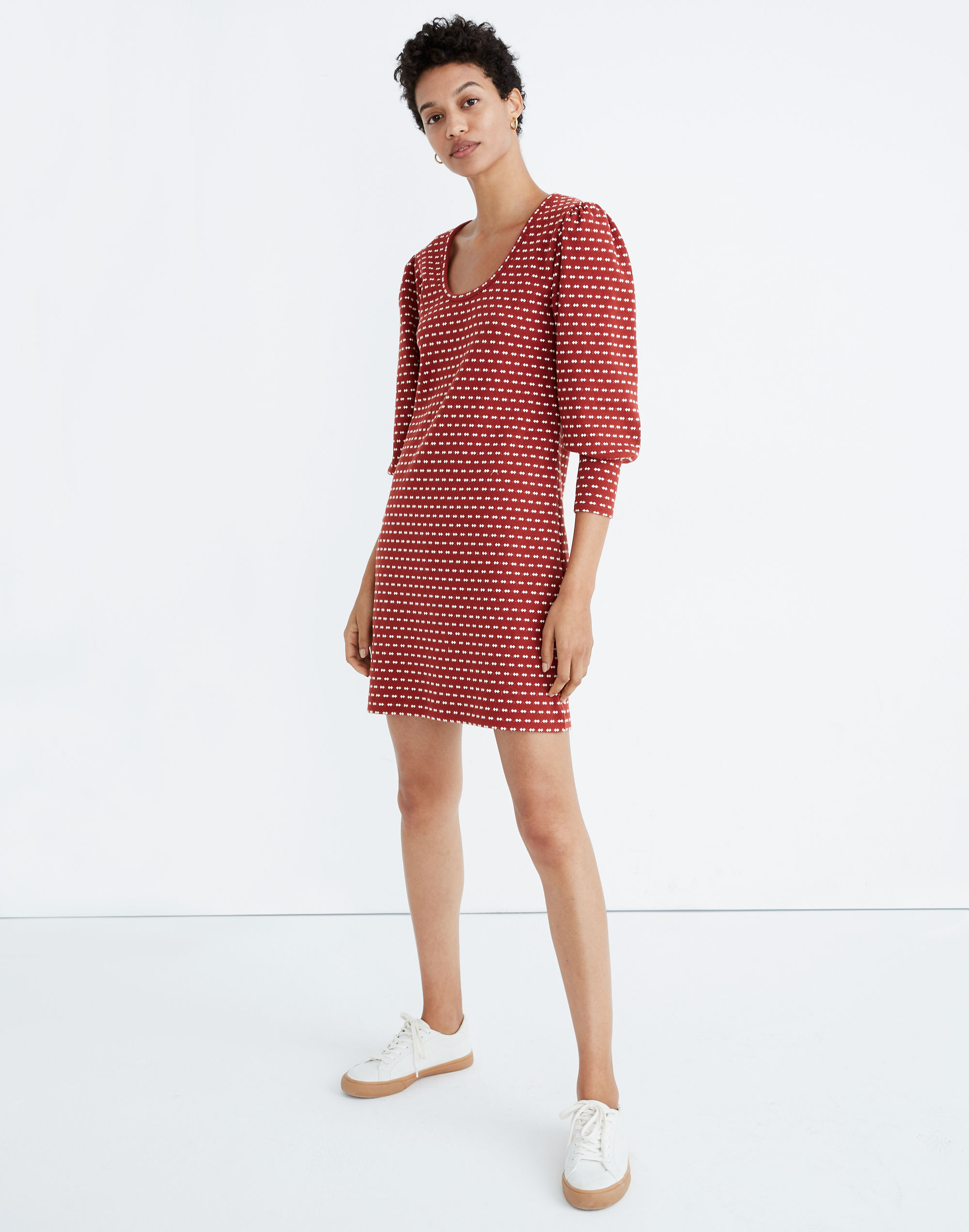 Square-Neck Long-Sleeve Mini Dress in Bow-Tie Jacquard