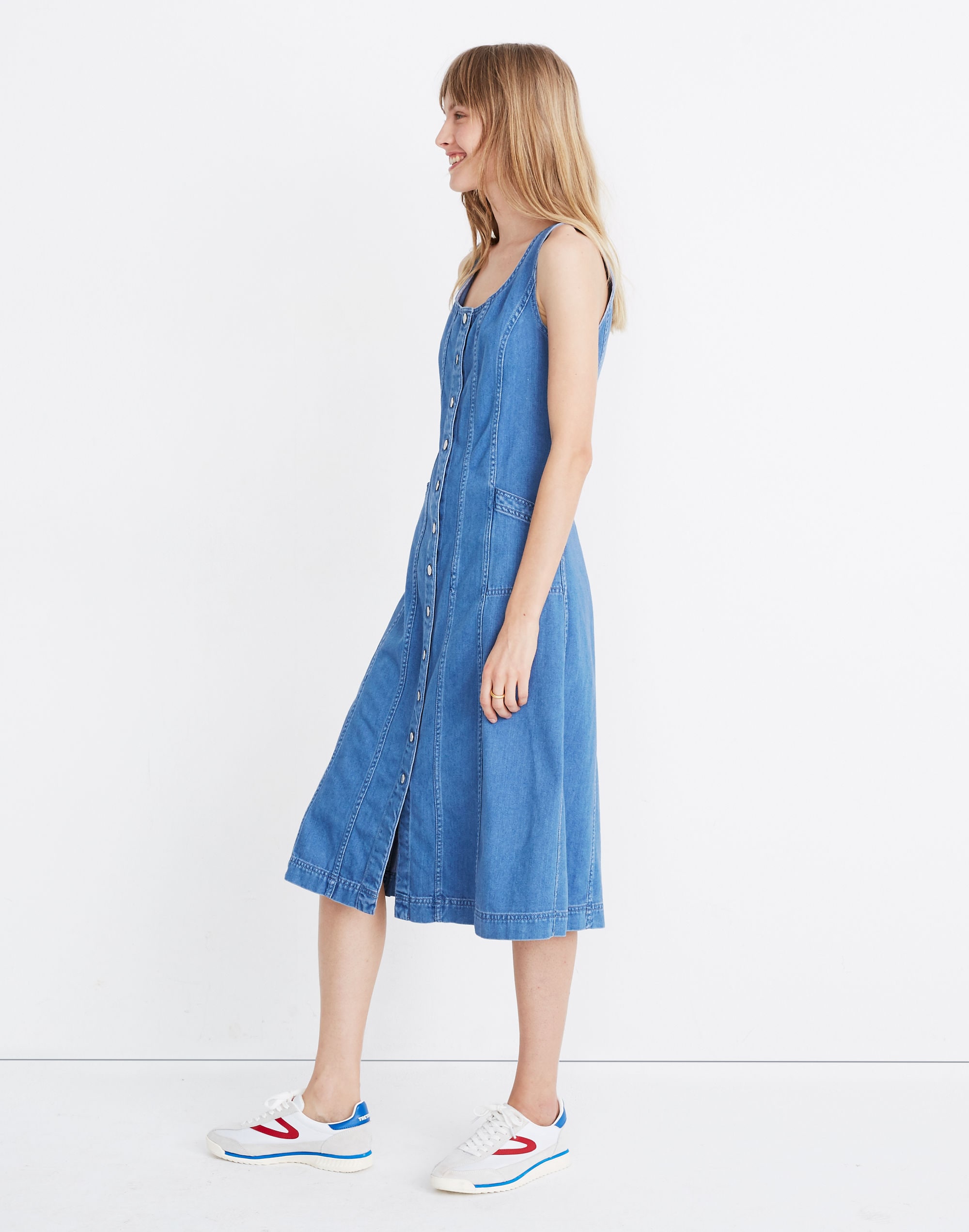 Denim Button-Front Jumper Midi Dress