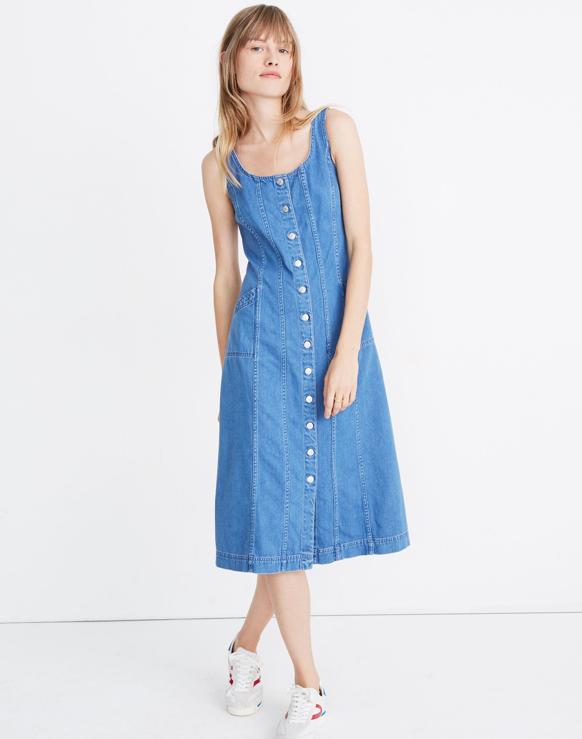 Denim Button-Front Jumper Midi Dress