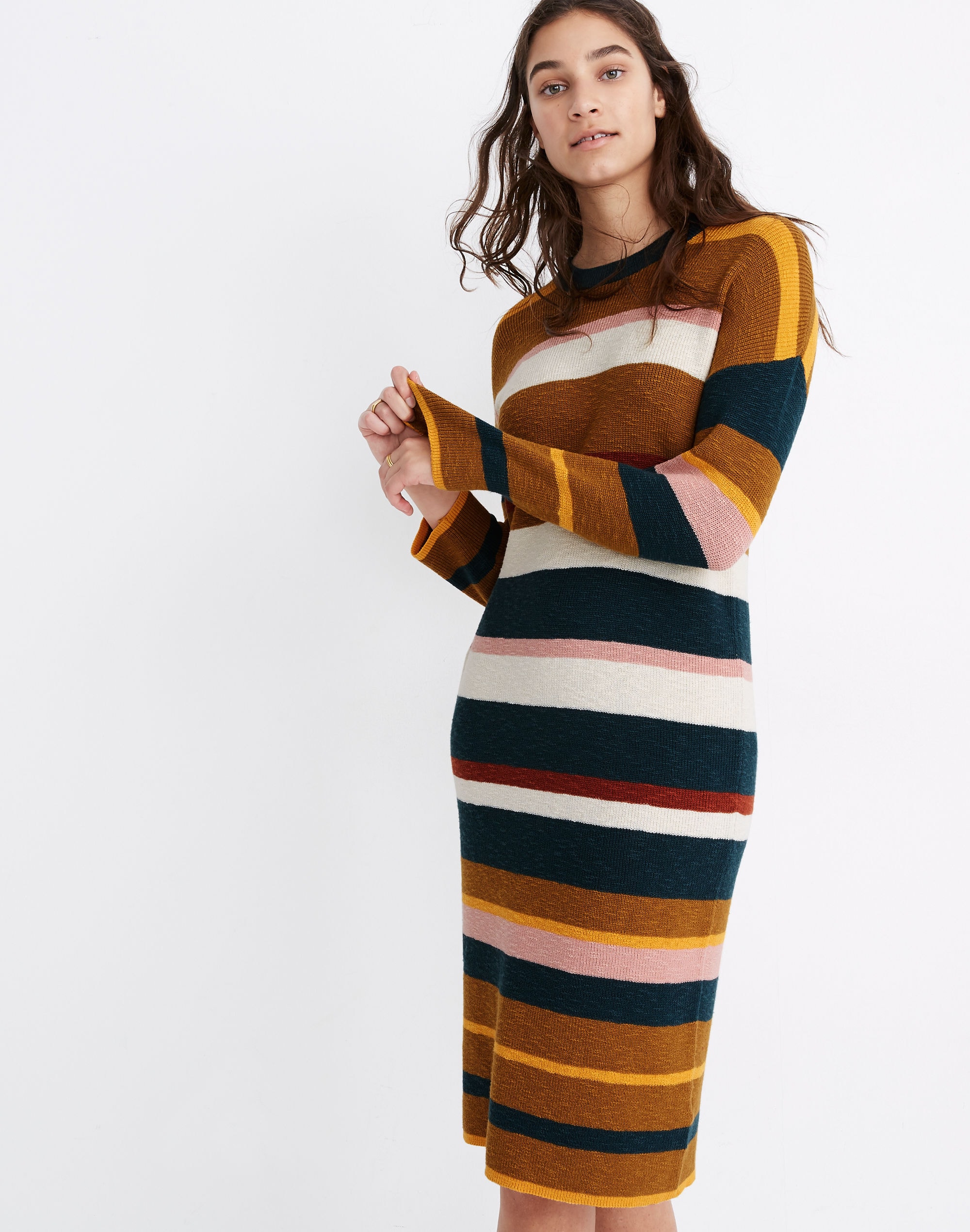 Drop-Shoulder Sweater Midi Dress in Stripe