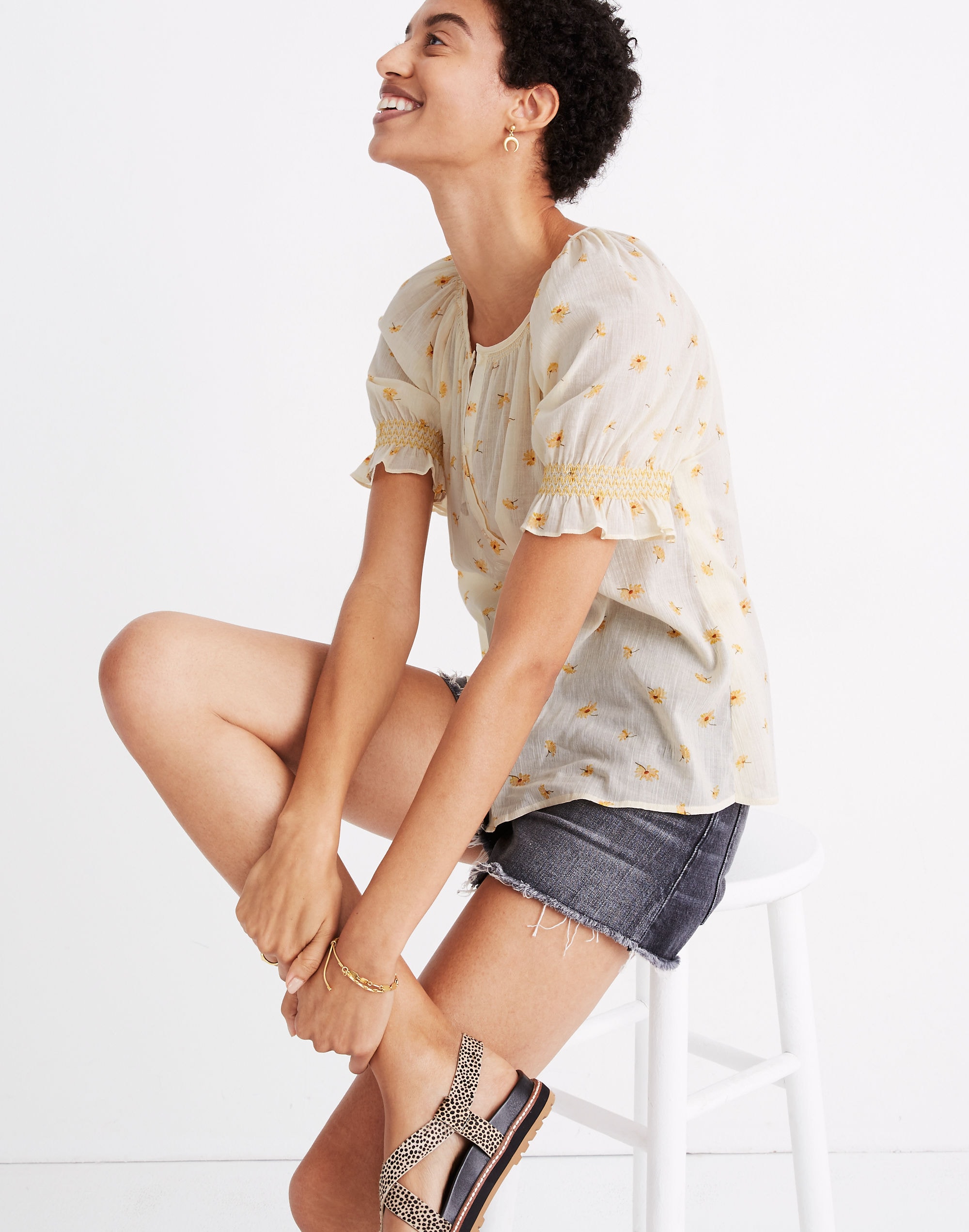 Smocked Button-Up Top in French Daisies