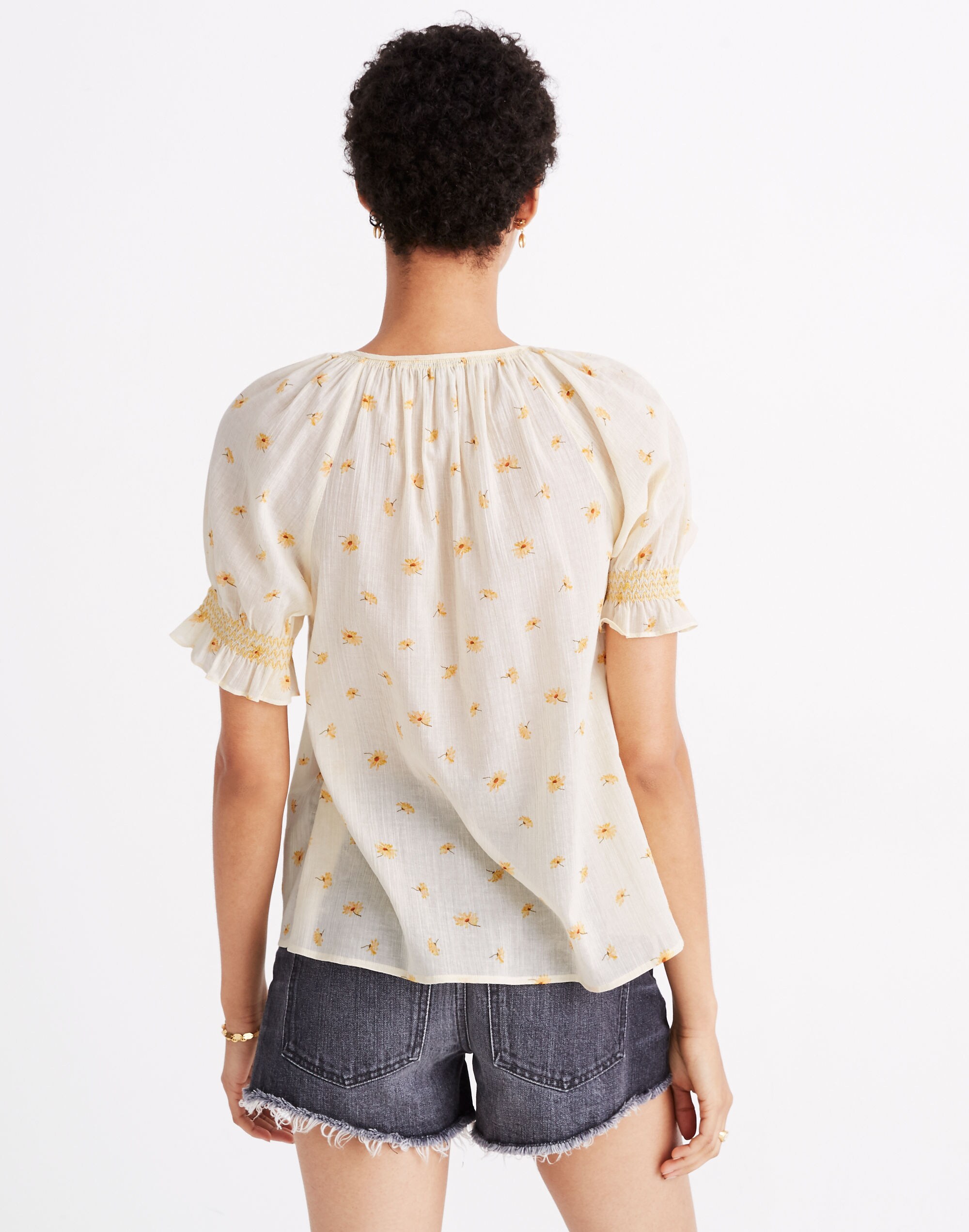 Smocked Button-Up Top in French Daisies