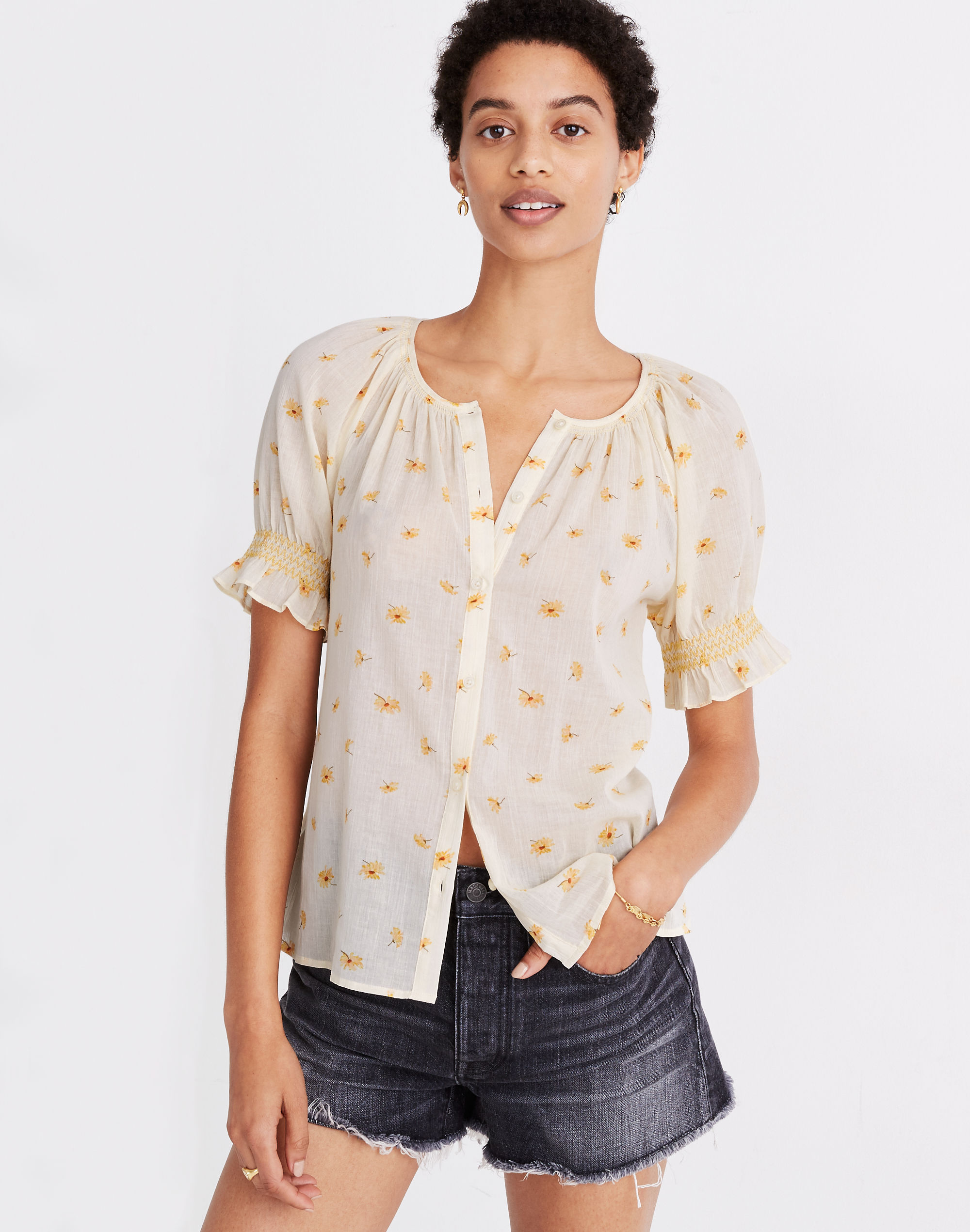 Smocked Button-Up Top in French Daisies