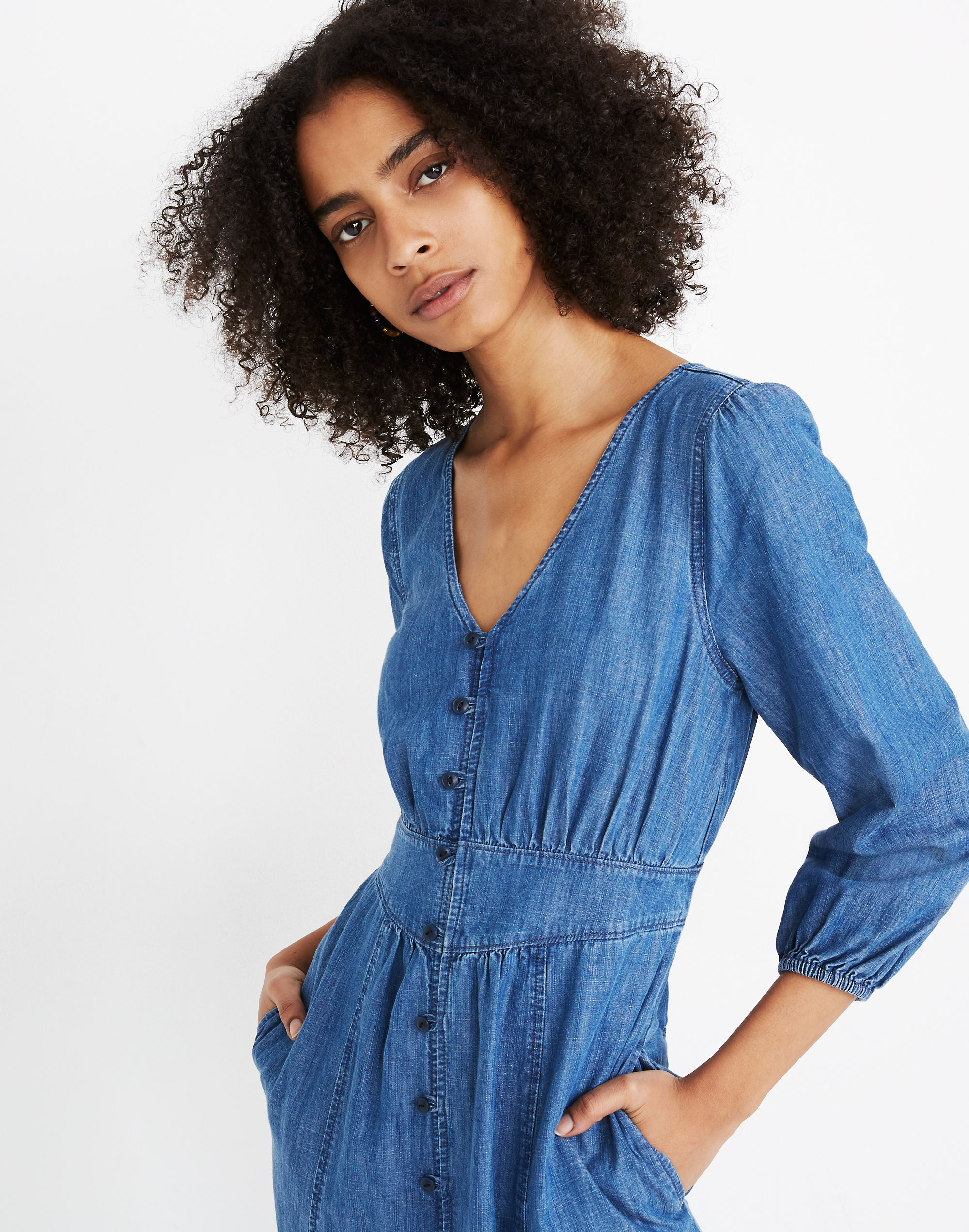 Denim Pieced-Waist Midi Dress in Mariden Wash