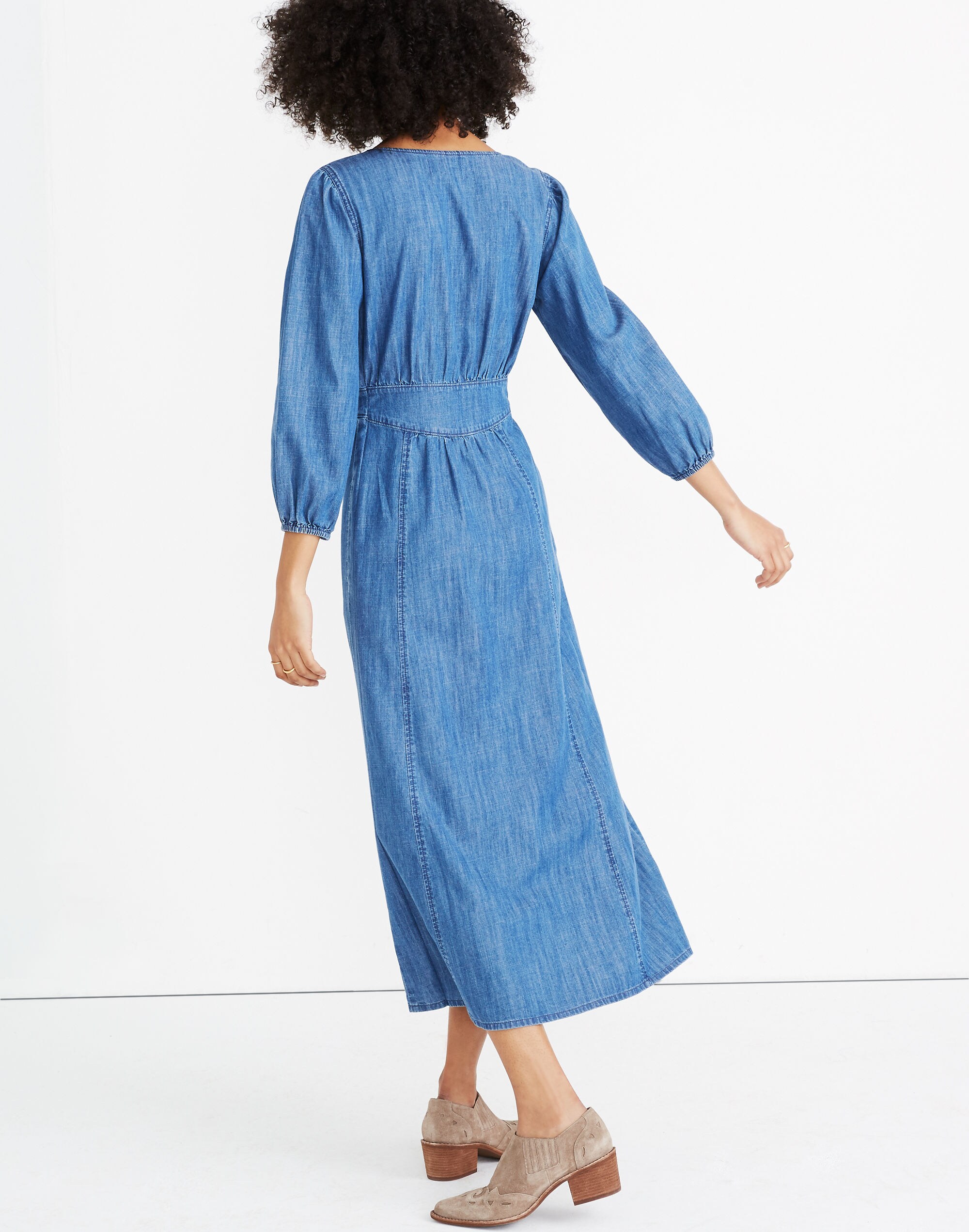 Denim Pieced-Waist Midi Dress in Mariden Wash