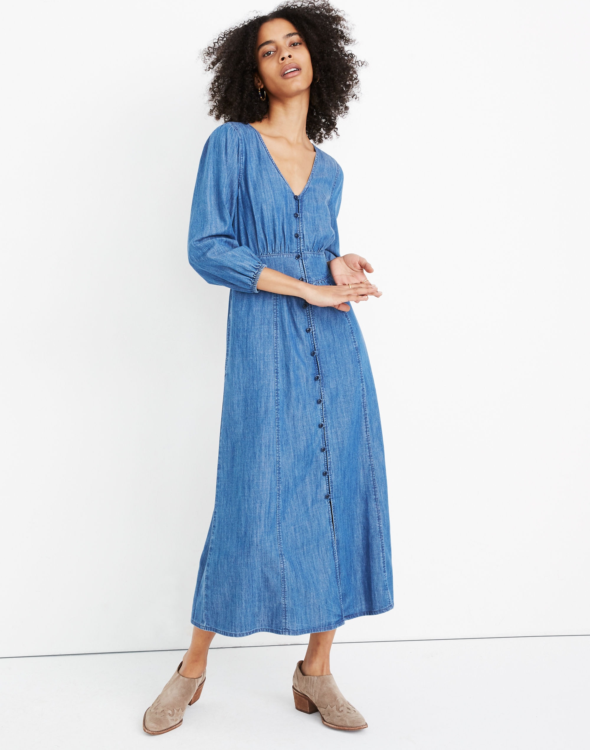 Denim Pieced-Waist Midi Dress in Mariden Wash