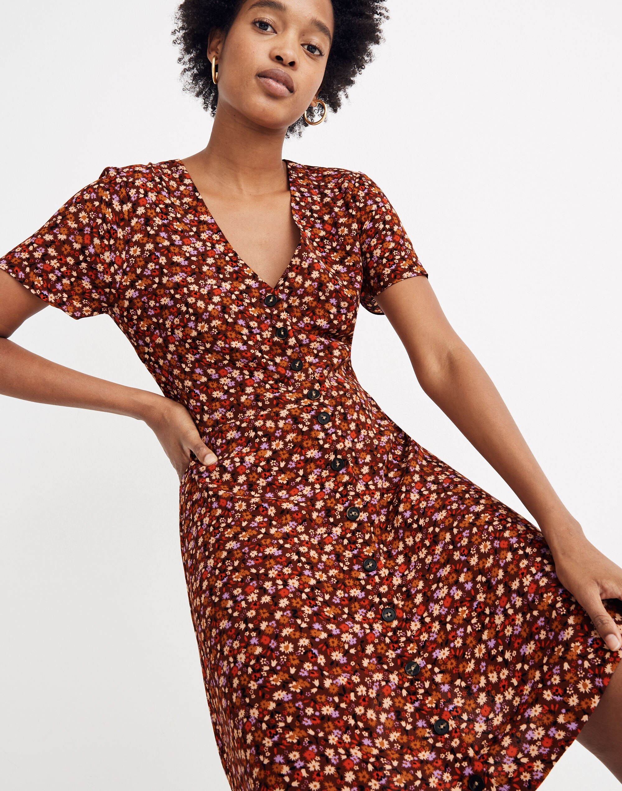 V-Neck Button-Front Mini Dress in Spring Prairie