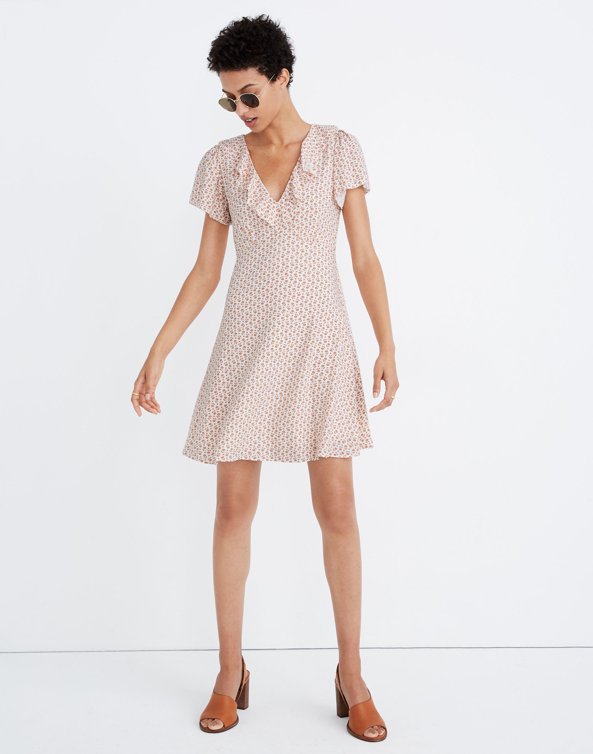 Ruffle Flutter-Sleeve Dress in Cutout Blooms