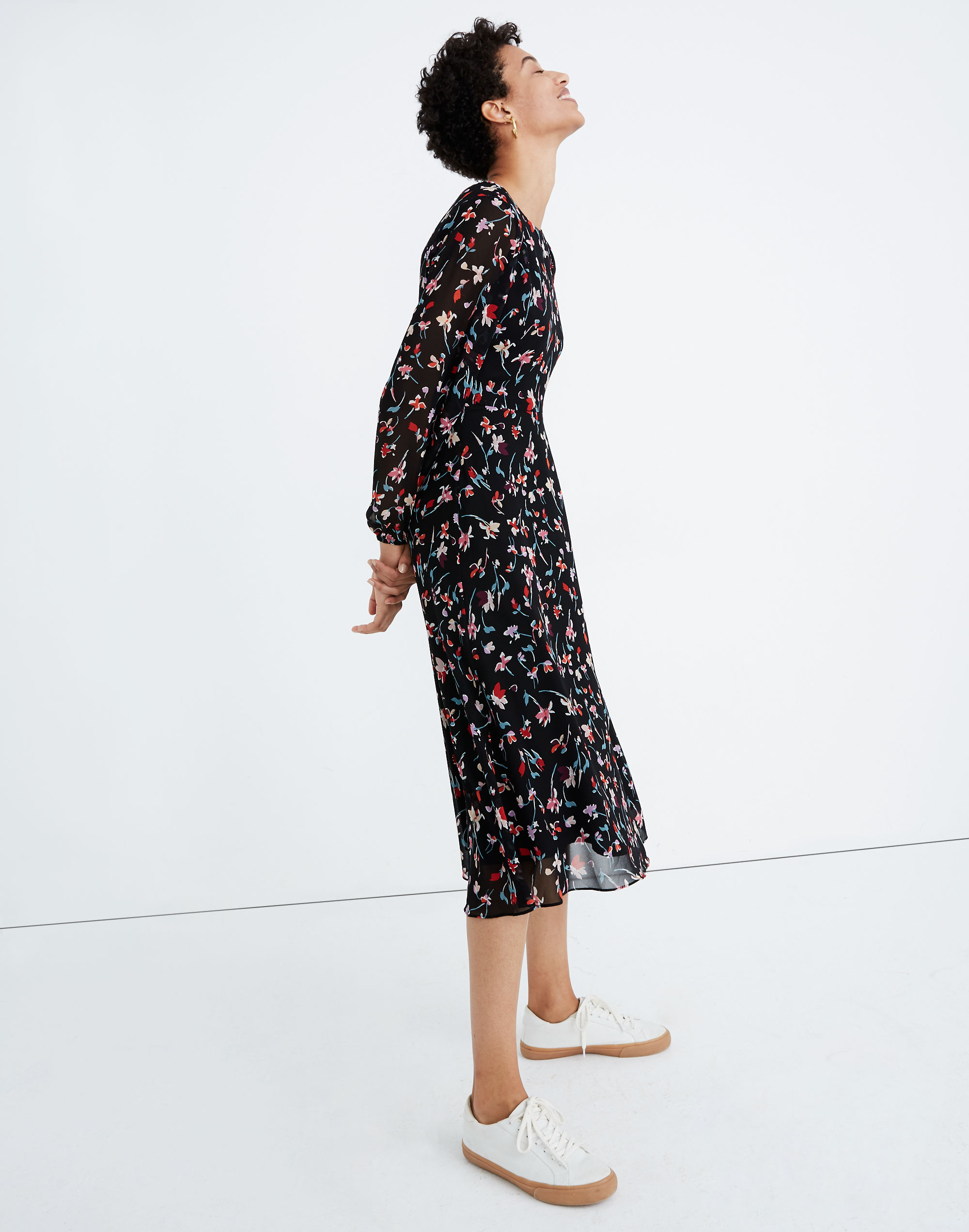 Sheer-Sleeve Midi Dress in Drifting Flowers