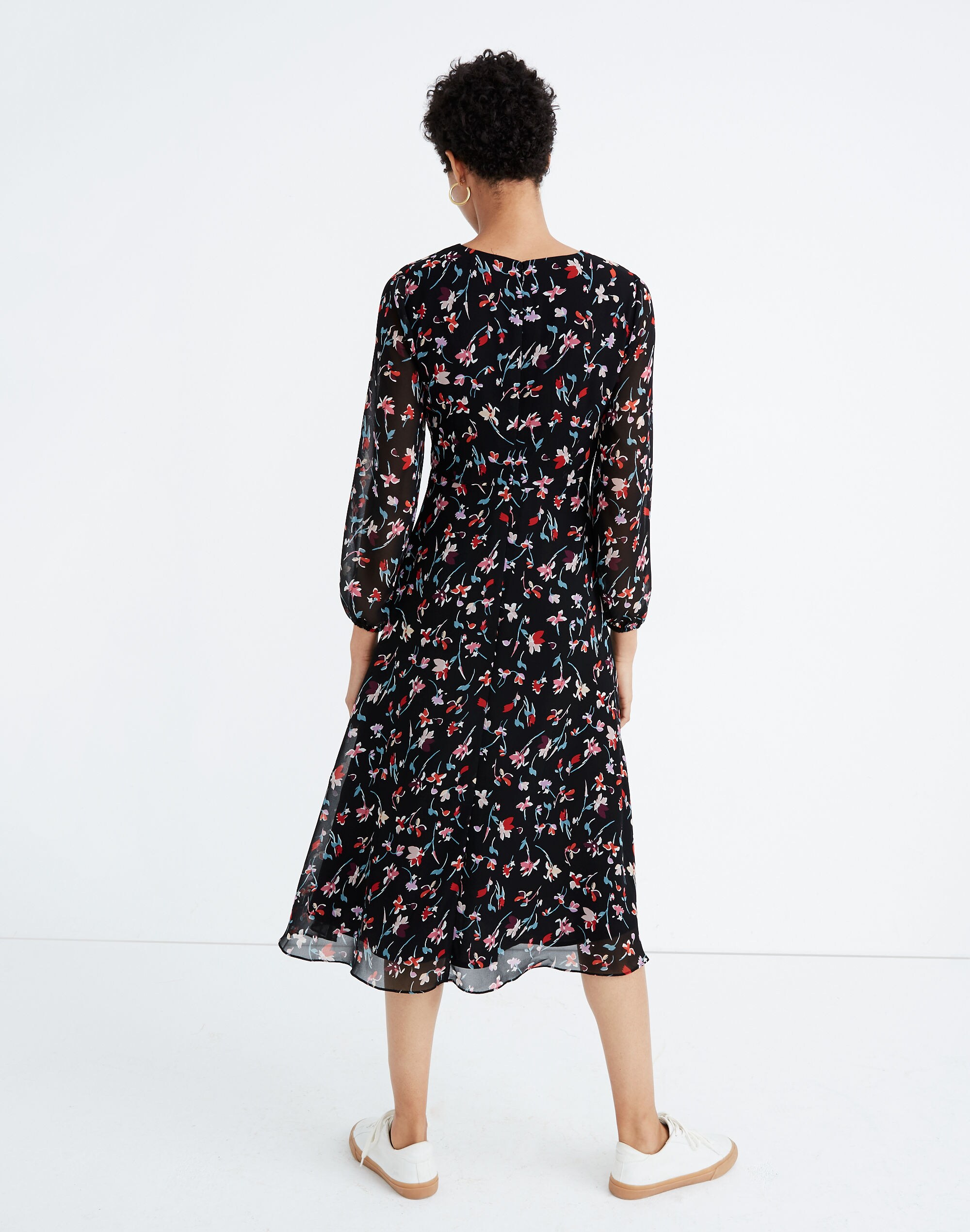 Sheer-Sleeve Midi Dress in Drifting Flowers