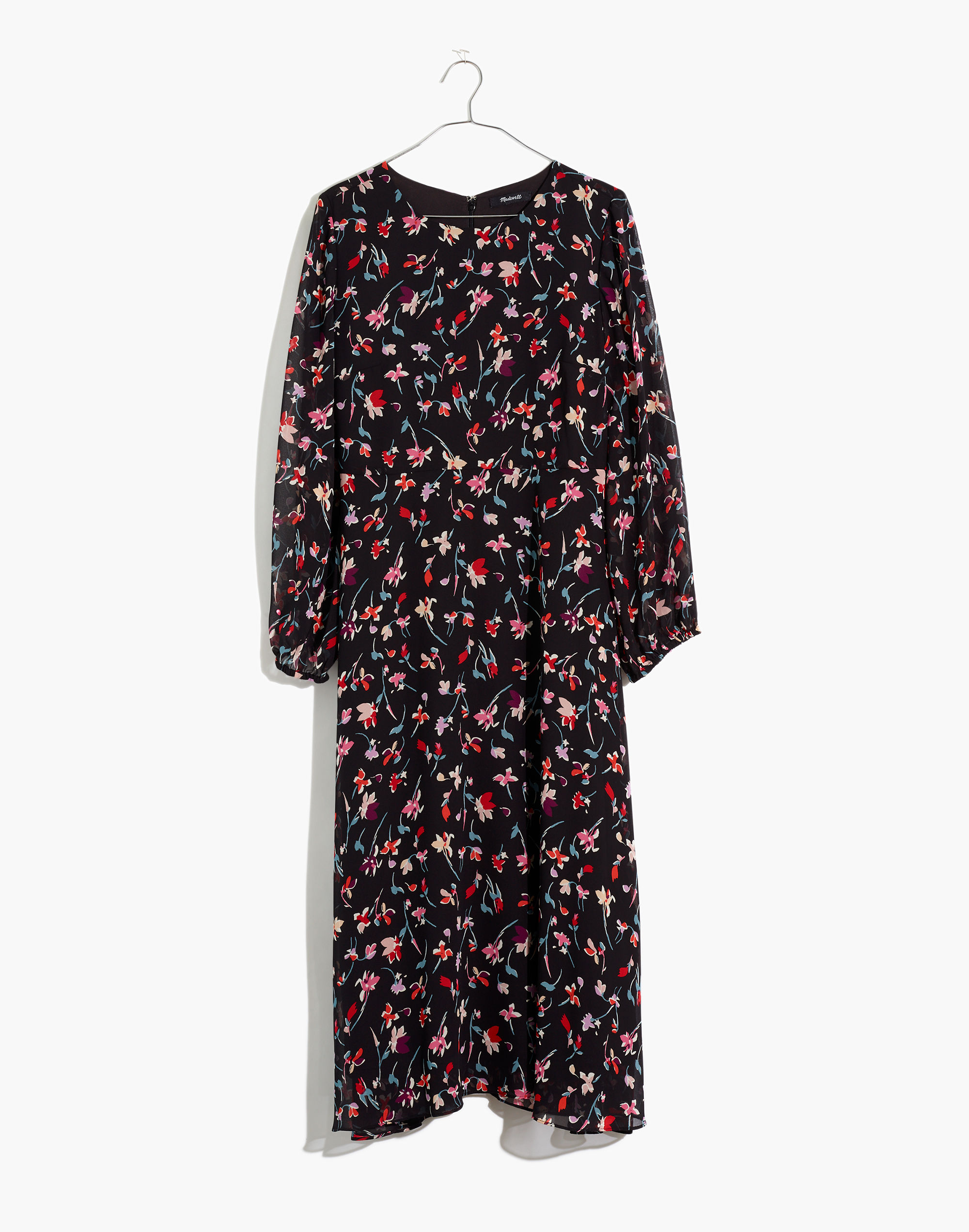 Sheer-Sleeve Midi Dress in Drifting Flowers