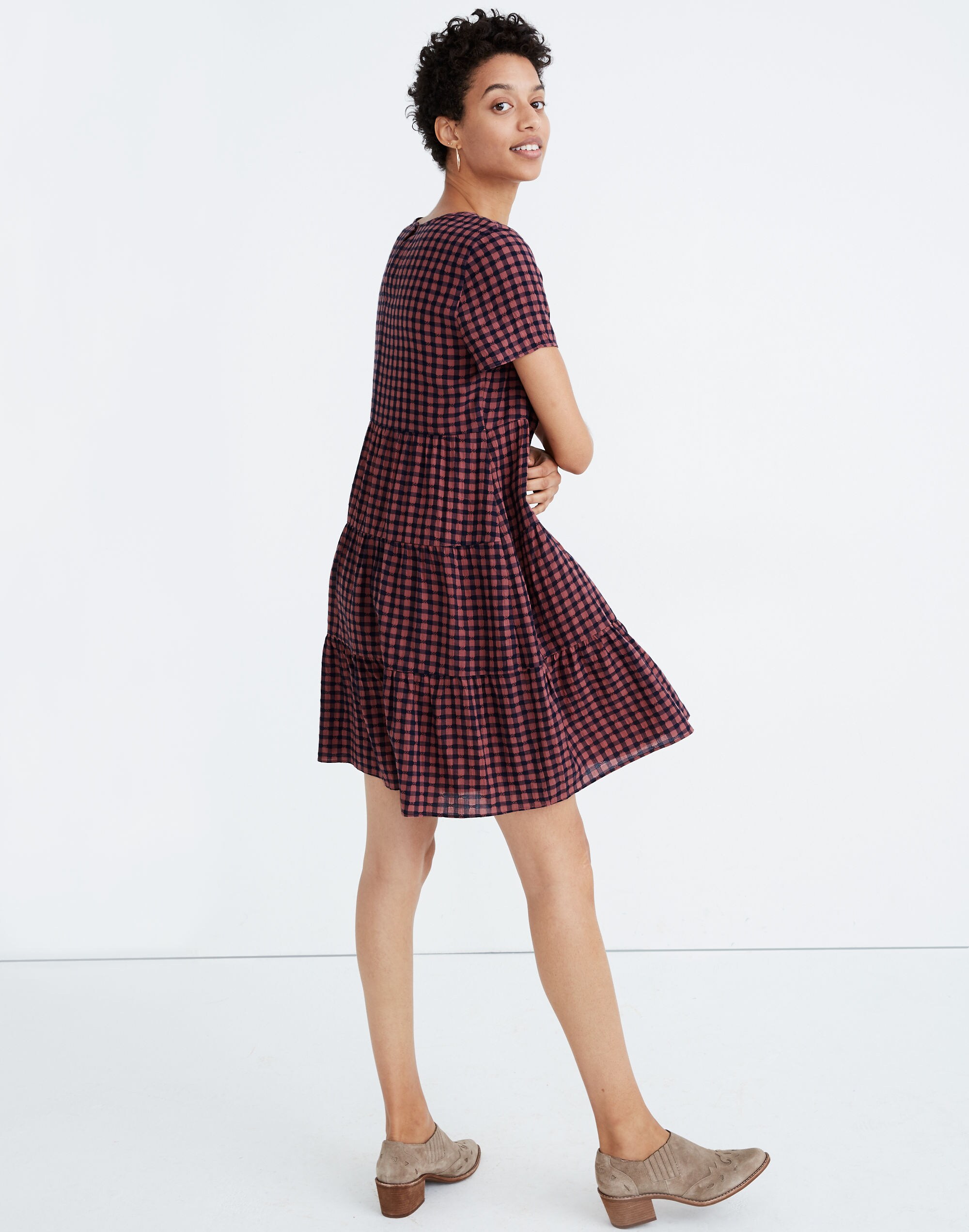 Short-Sleeve Tiered Mini Dress in Gingham Check