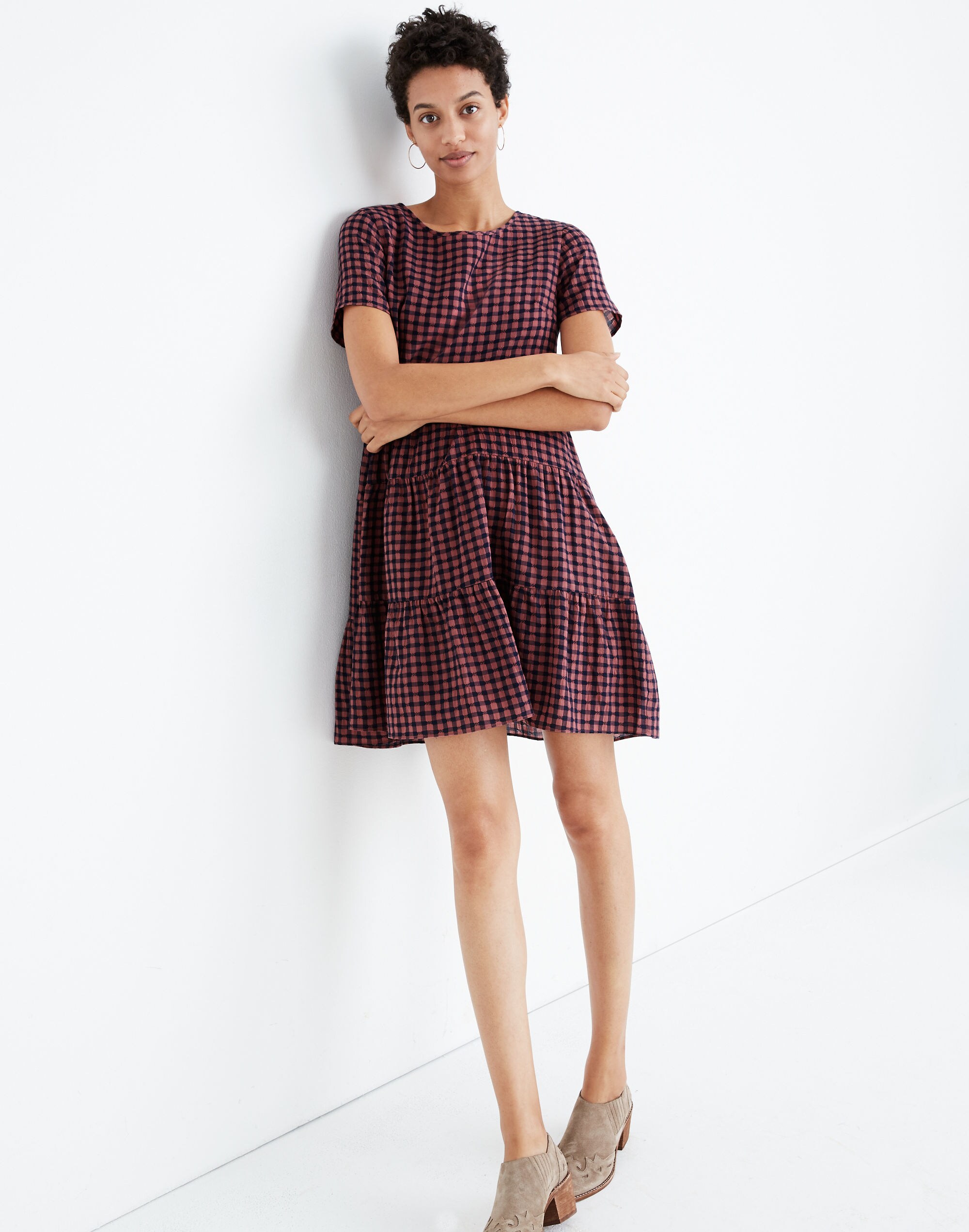 Short-Sleeve Tiered Mini Dress in Gingham Check
