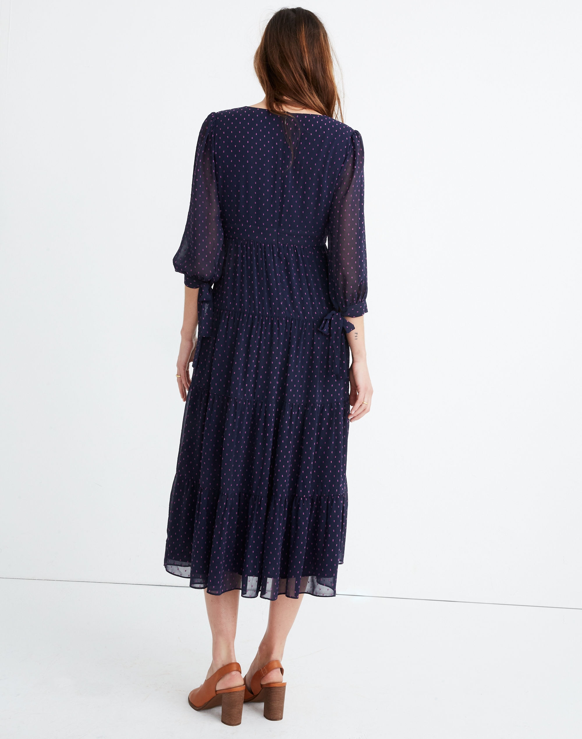 Petite Tie-Sleeve Tiered Midi Dress in Clipdot