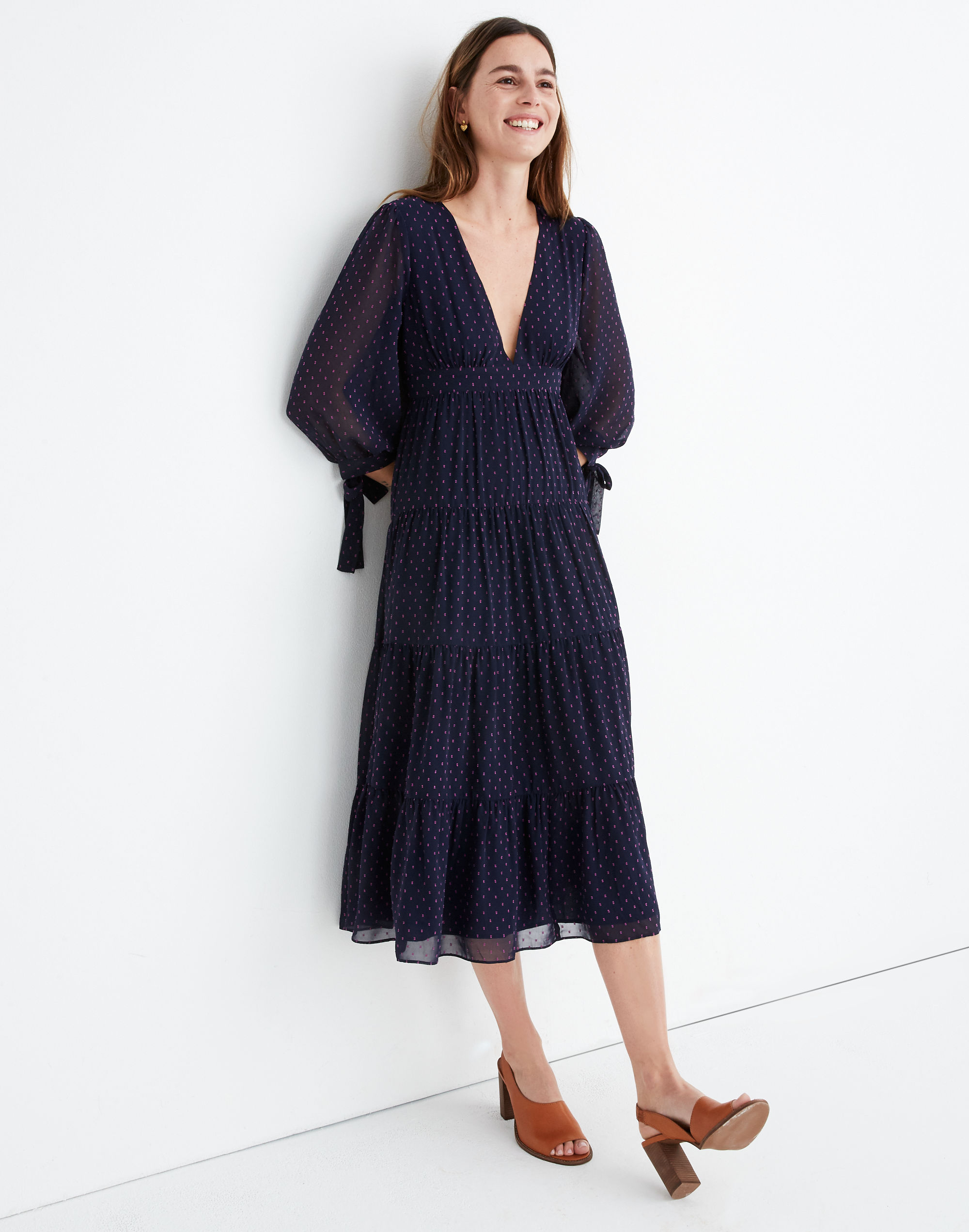 tie-sleeve tiered midi dress in clipdot