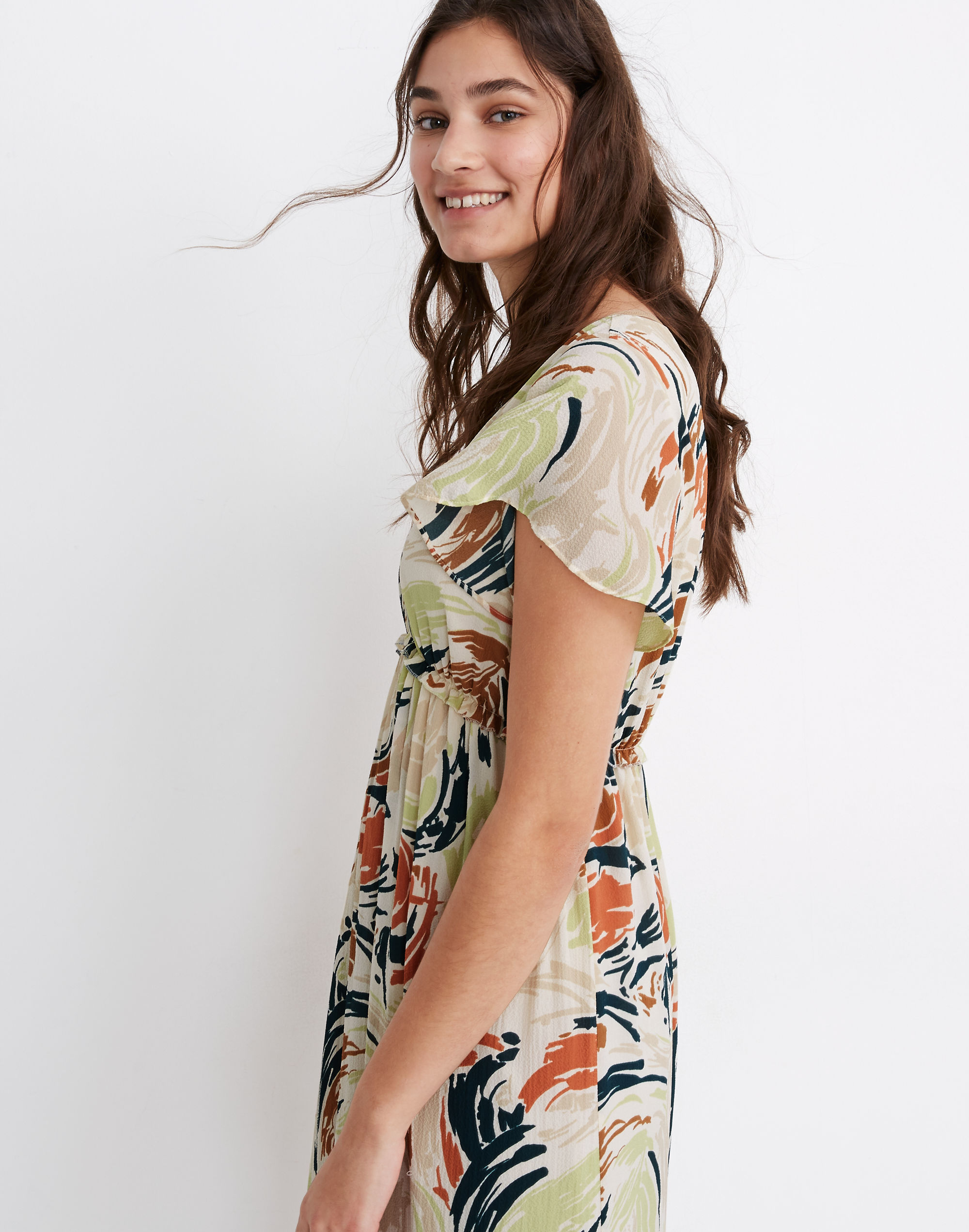 Flutter-Sleeve Ruffle-Waist Midi Dress in Brushing Up