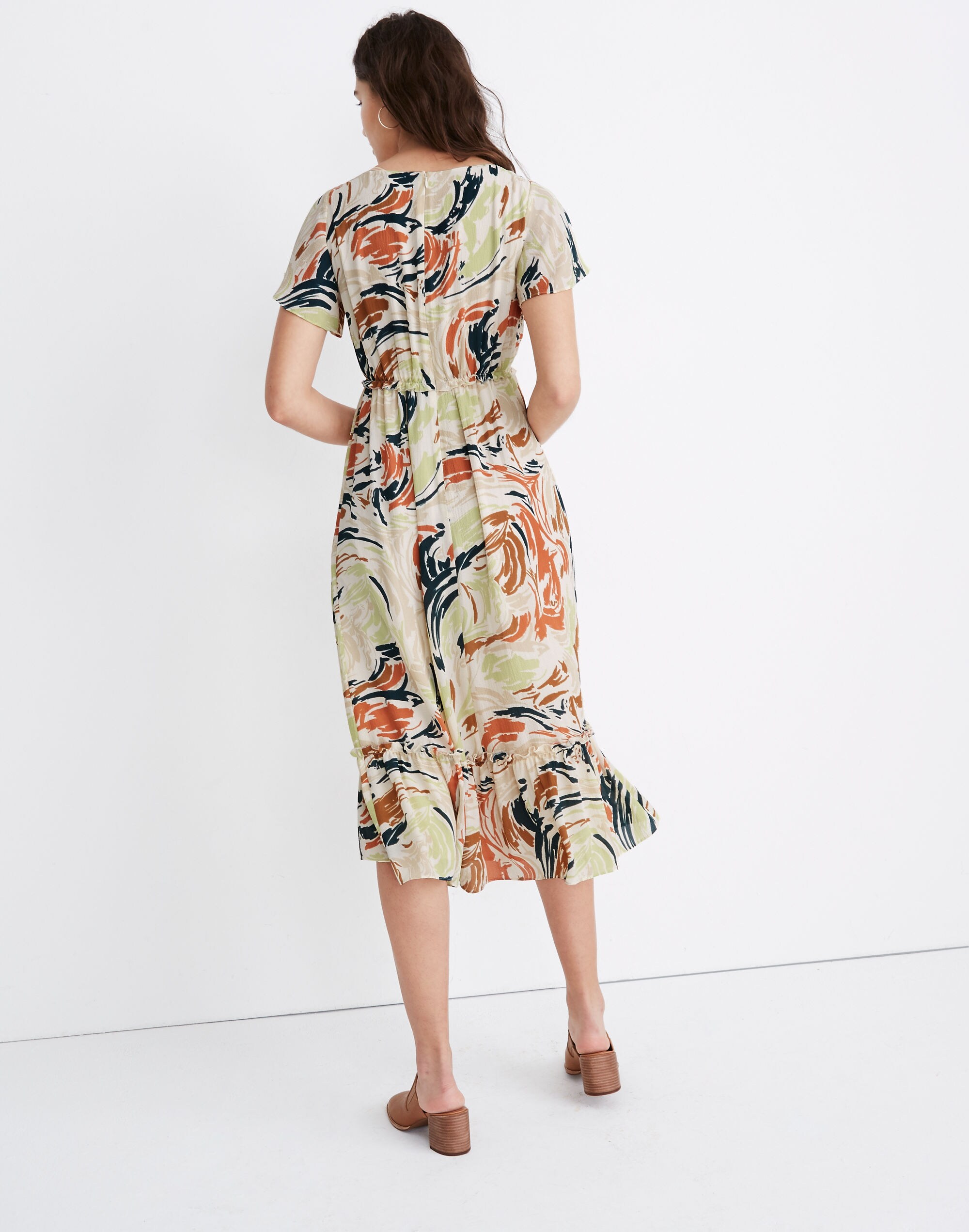 Flutter-Sleeve Ruffle-Waist Midi Dress in Brushing Up