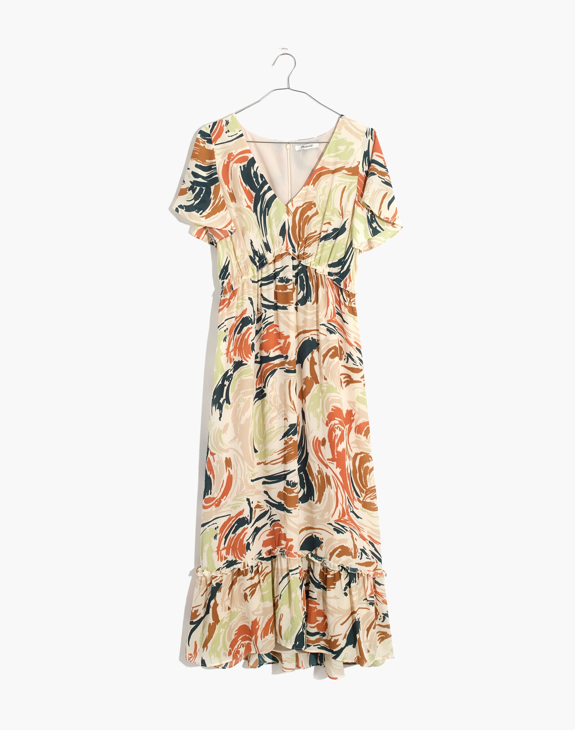 Flutter-Sleeve Ruffle-Waist Midi Dress in Brushing Up