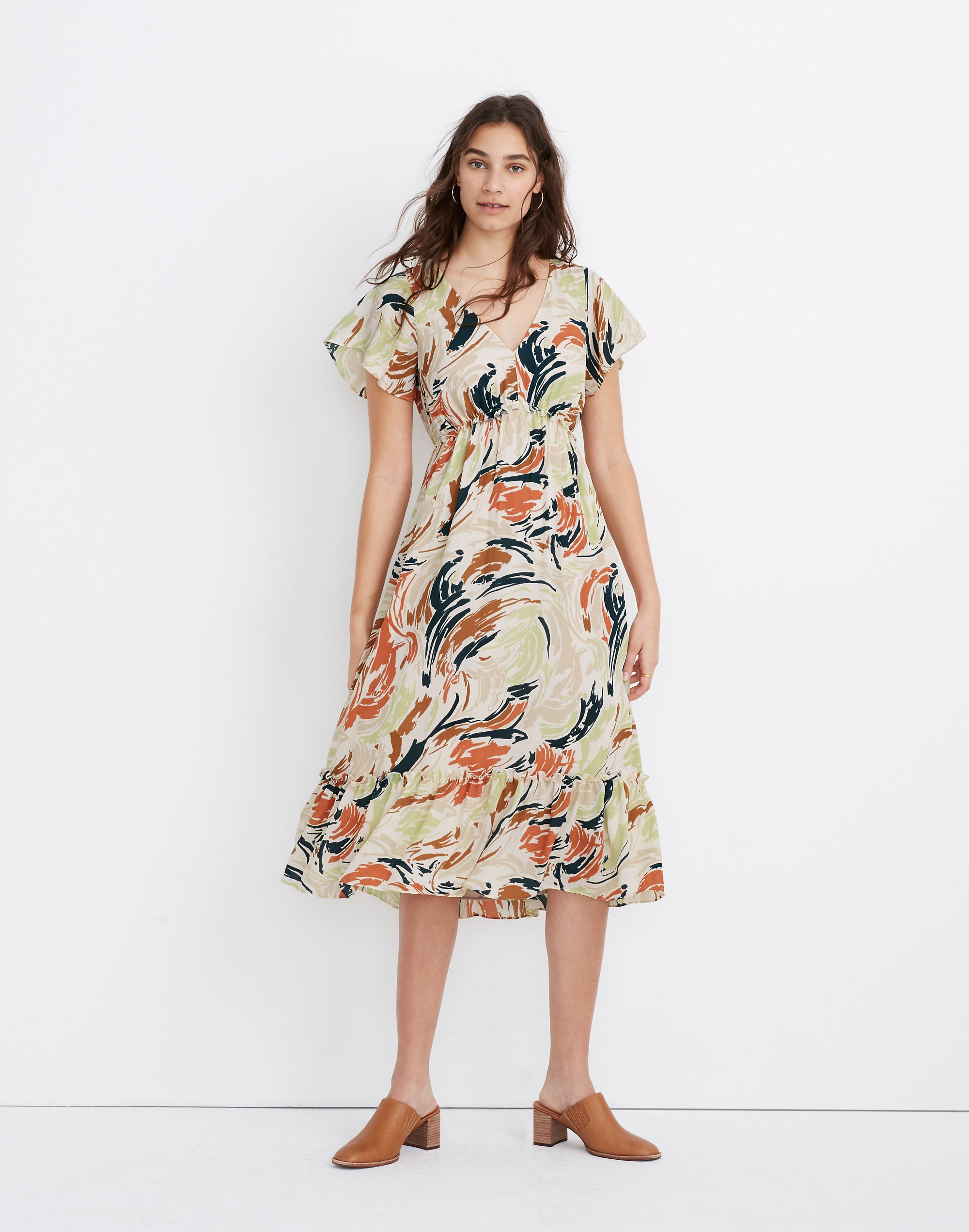 flutter-sleeve ruffle-waist midi dress in brushing up
