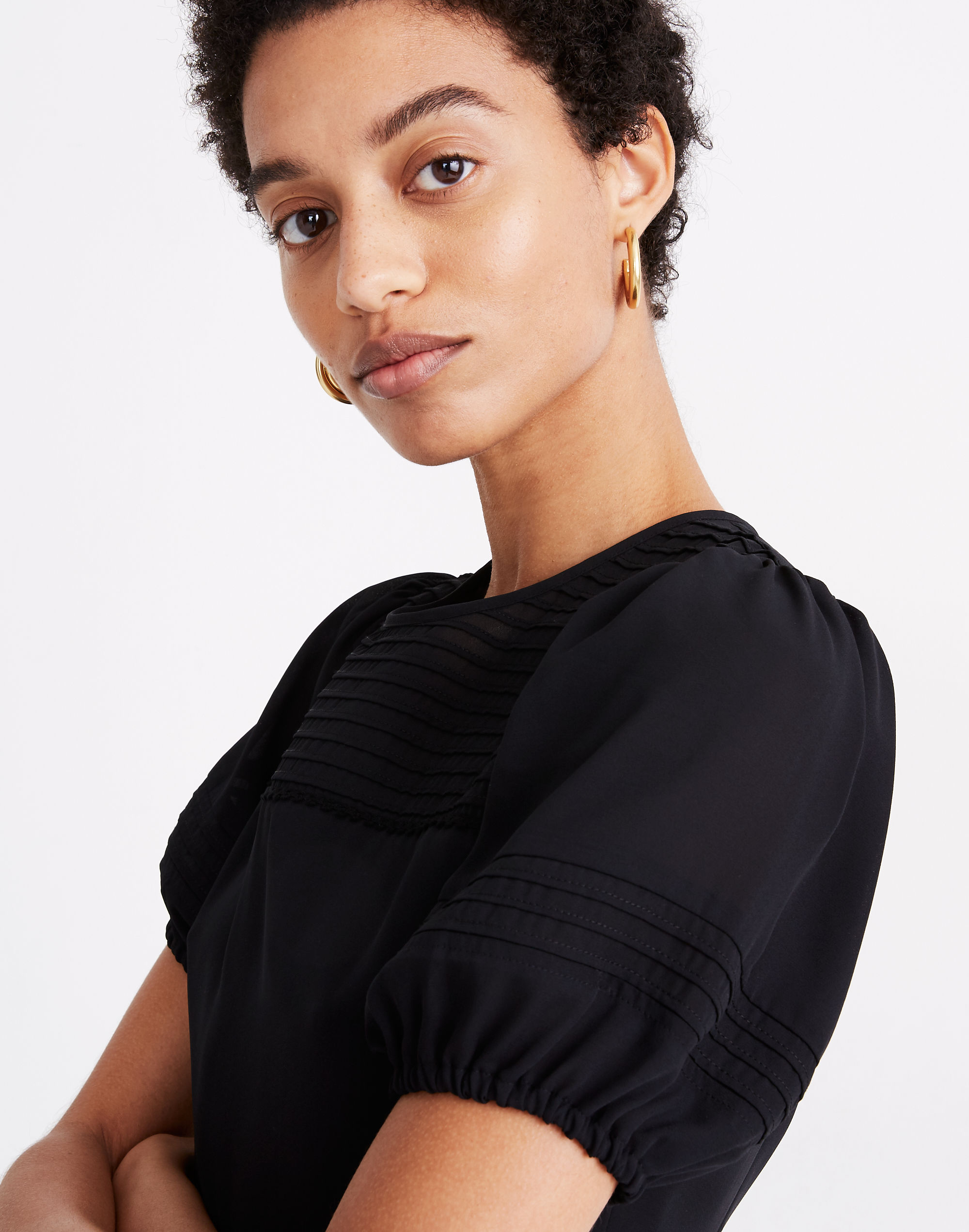 Pintuck Puff-Sleeve Mini Dress